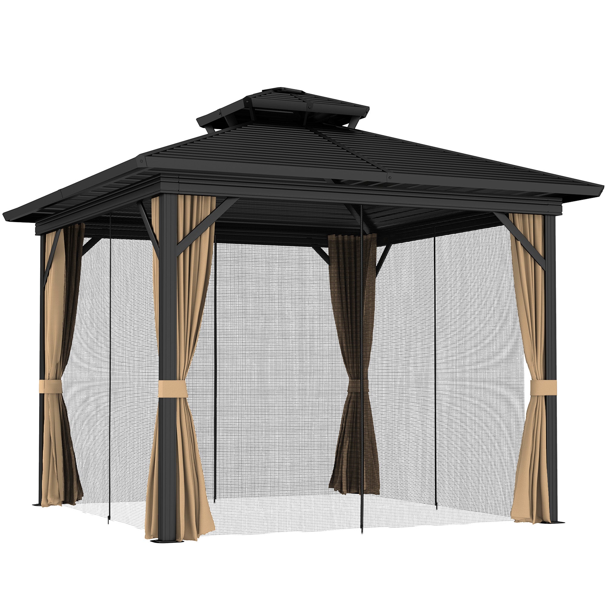 Outsunny 10' x 12' Hardtop Gazebo, Aluminum Frame Garden Sun Shelter with Double Tier Metal Roof, Mosquito Netting, Curtains, and Hanging Hook, Dark Brown