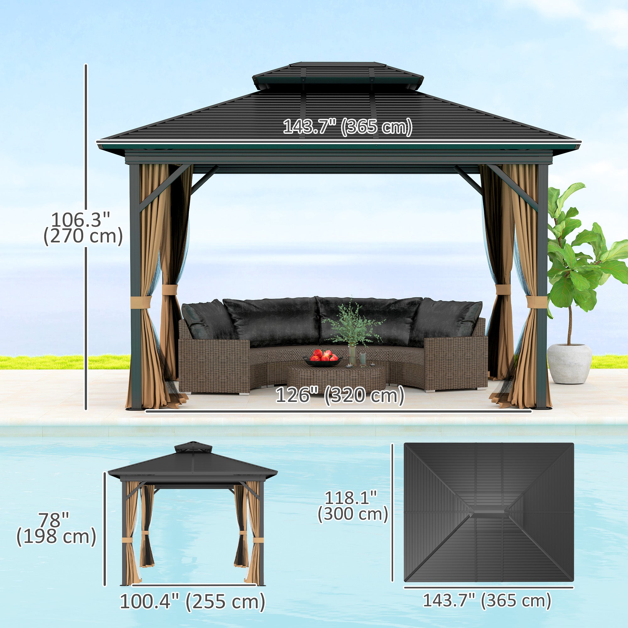 Outsunny 10' x 12' Hardtop Gazebo, Aluminum Frame Garden Sun Shelter with Double Tier Metal Roof, Mosquito Netting, Curtains, and Hanging Hook, Dark Brown