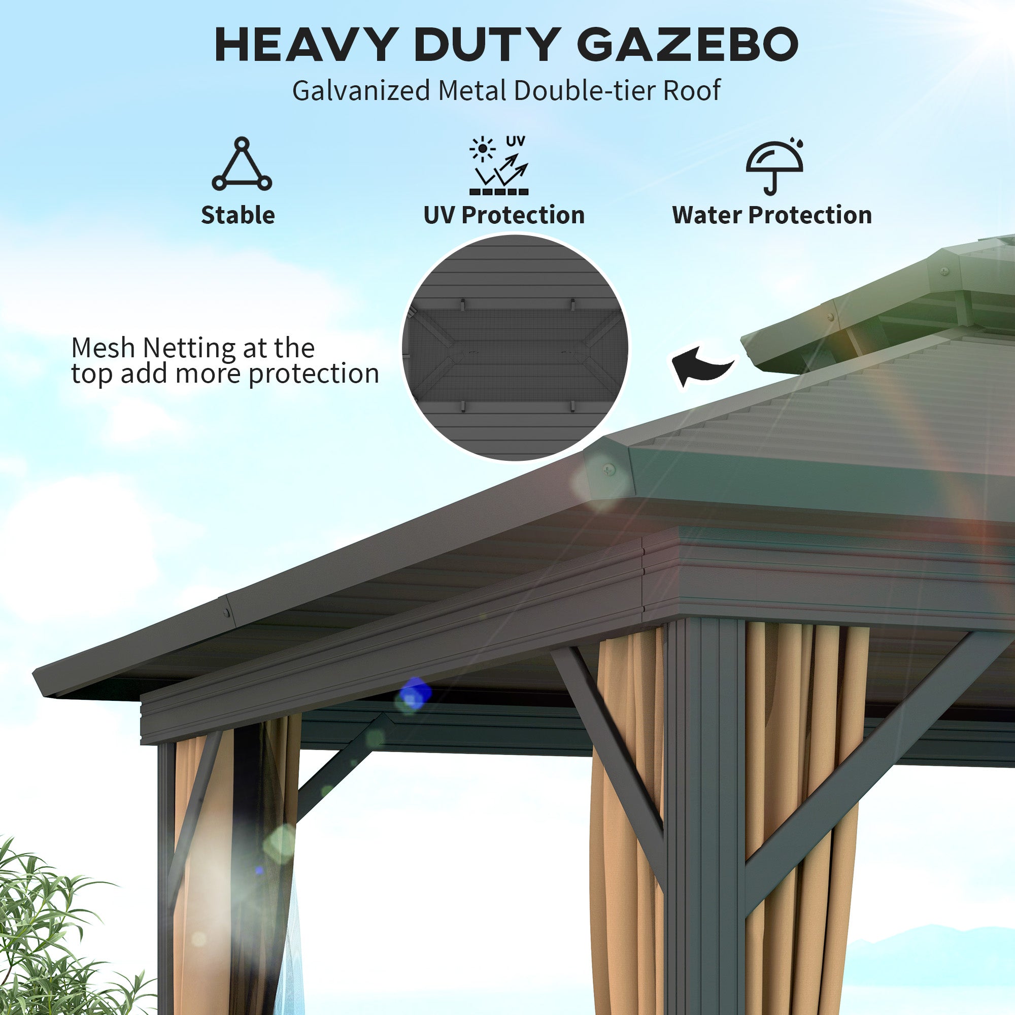 Outsunny 10' x 12' Hardtop Gazebo, Aluminum Frame Garden Sun Shelter with Double Tier Metal Roof, Mosquito Netting, Curtains, and Hanging Hook, Dark Brown