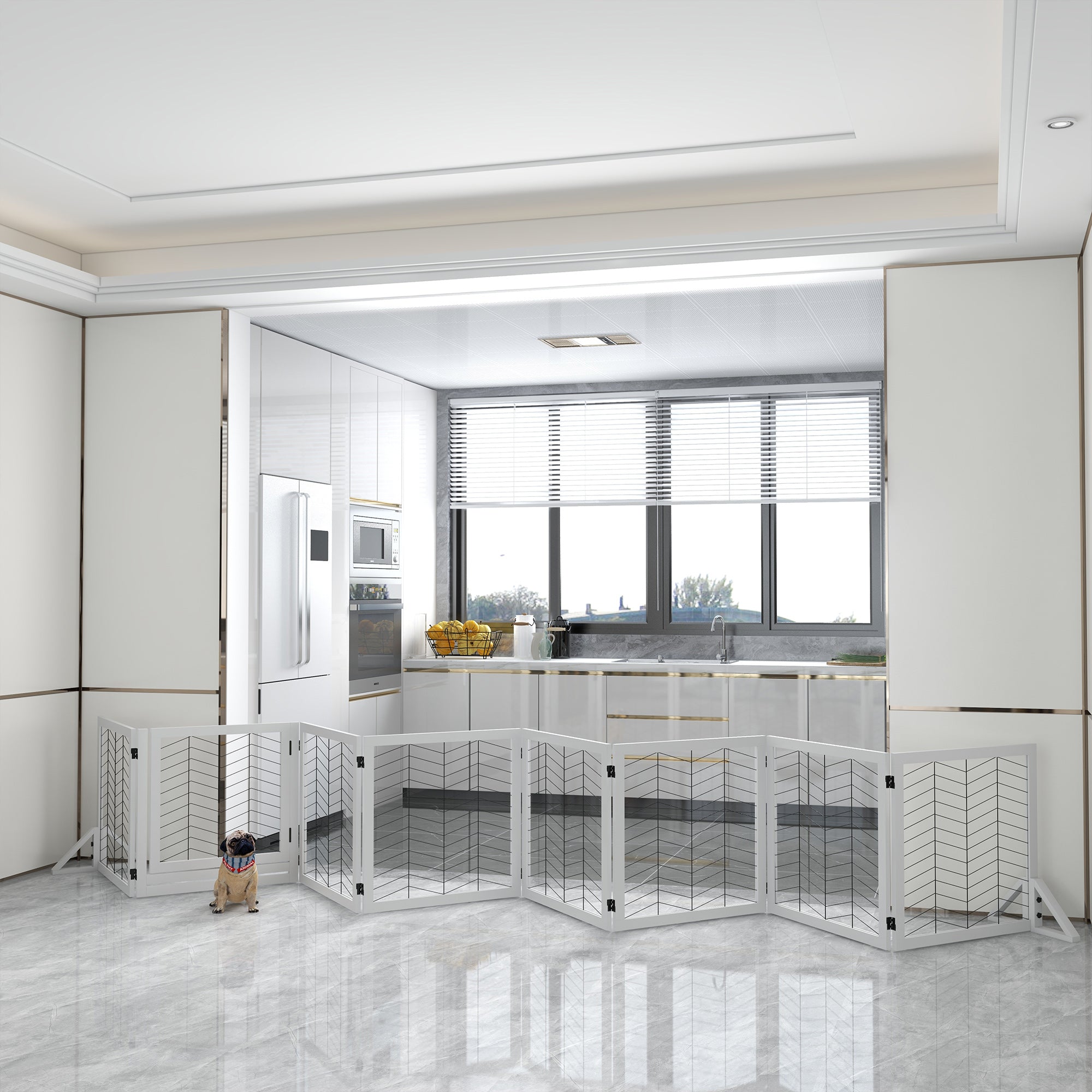 PawHut Freestanding Pet Gate, 8 Panels Dog Playpen, Foldable Dog Barrier with 2 Pcs Support Feet, for House, Doorway, Stairs, Small and Medium Dogs - White
