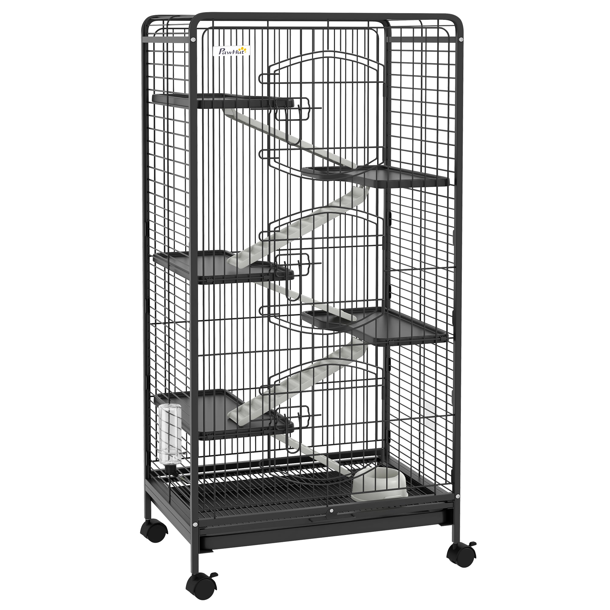 PawHut Ferret Cage Small Animal Cage 6 Levels with Bowl, Water Bottle, Wheels, Rolling Pet Cage for Bunnies Chinchillas, Squirrels, 131cm - Black