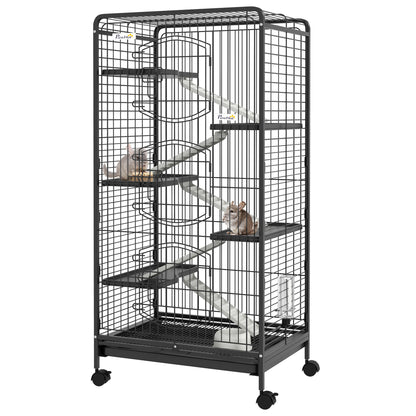 PawHut Ferret Cage Small Animal Cage 6 Levels with Bowl, Water Bottle, Wheels, Rolling Pet Cage for Bunnies Chinchillas, Squirrels, 131cm - Black