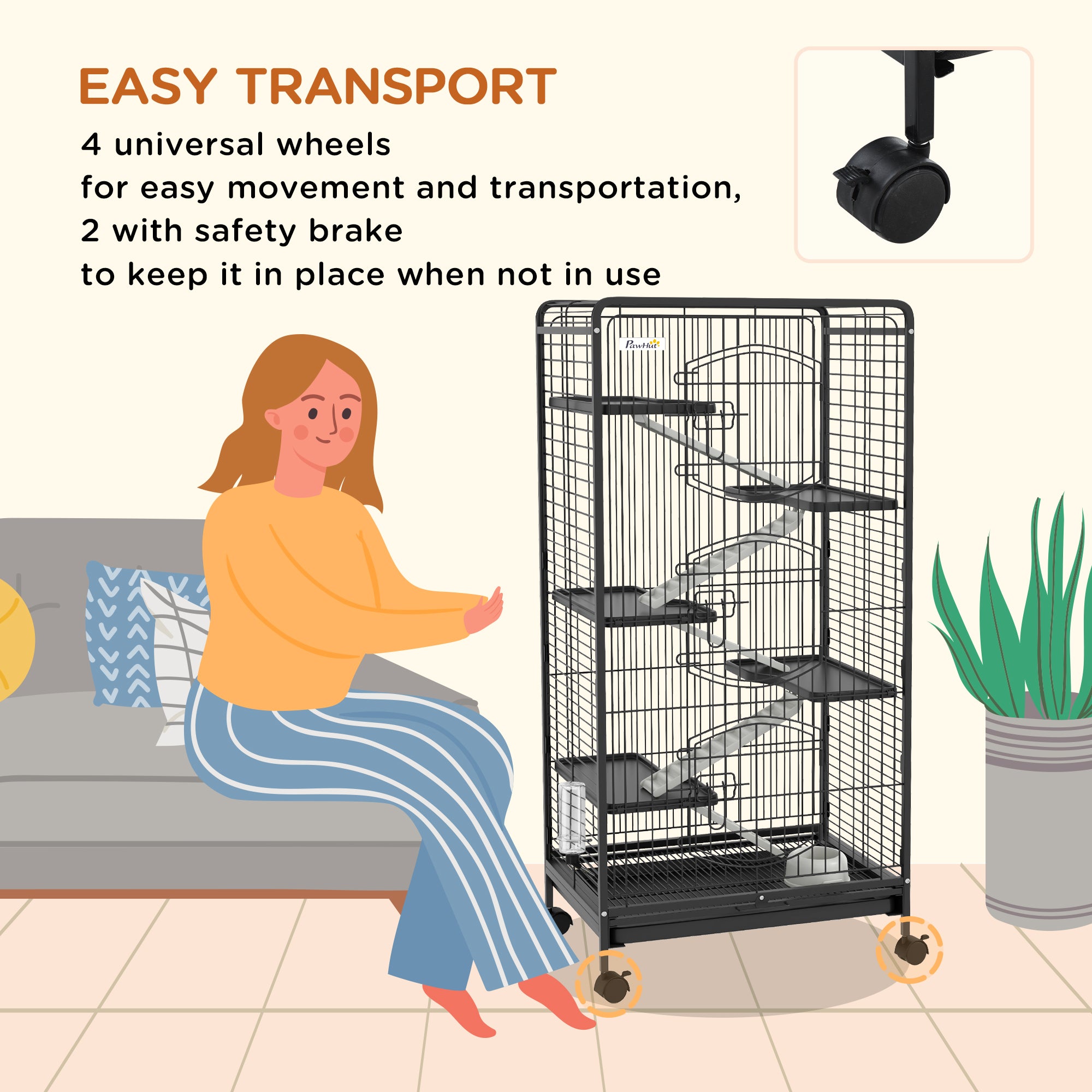 PawHut 6-Tier Small Animal Cage Pet Playpen for Rabbit Ferret Chinchilla on Wheels with Removable Tray Platform Ramp Food Dish Water Bottle, 24