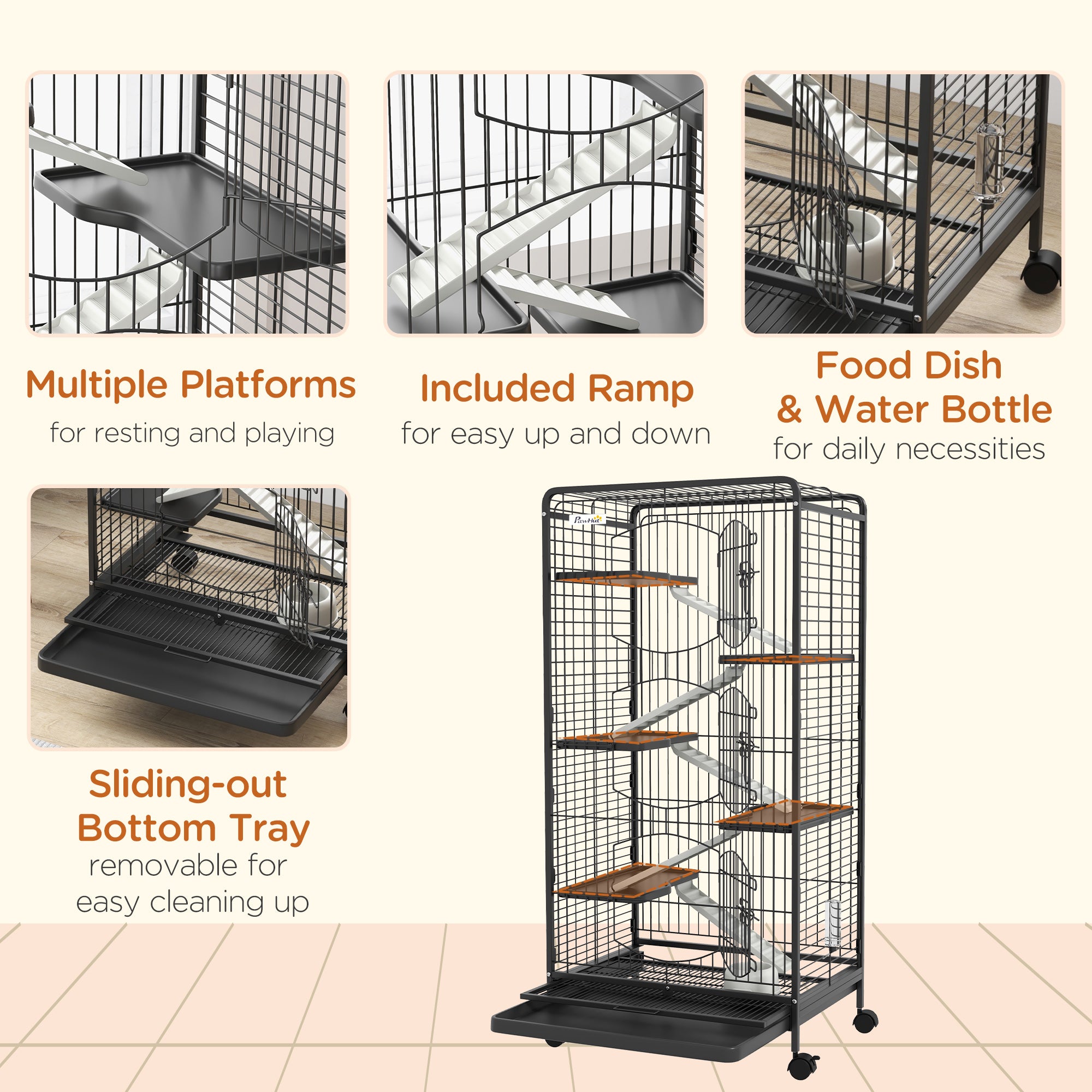 PawHut 6-Tier Small Animal Cage Pet Playpen for Rabbit Ferret Chinchilla on Wheels with Removable Tray Platform Ramp Food Dish Water Bottle, 24