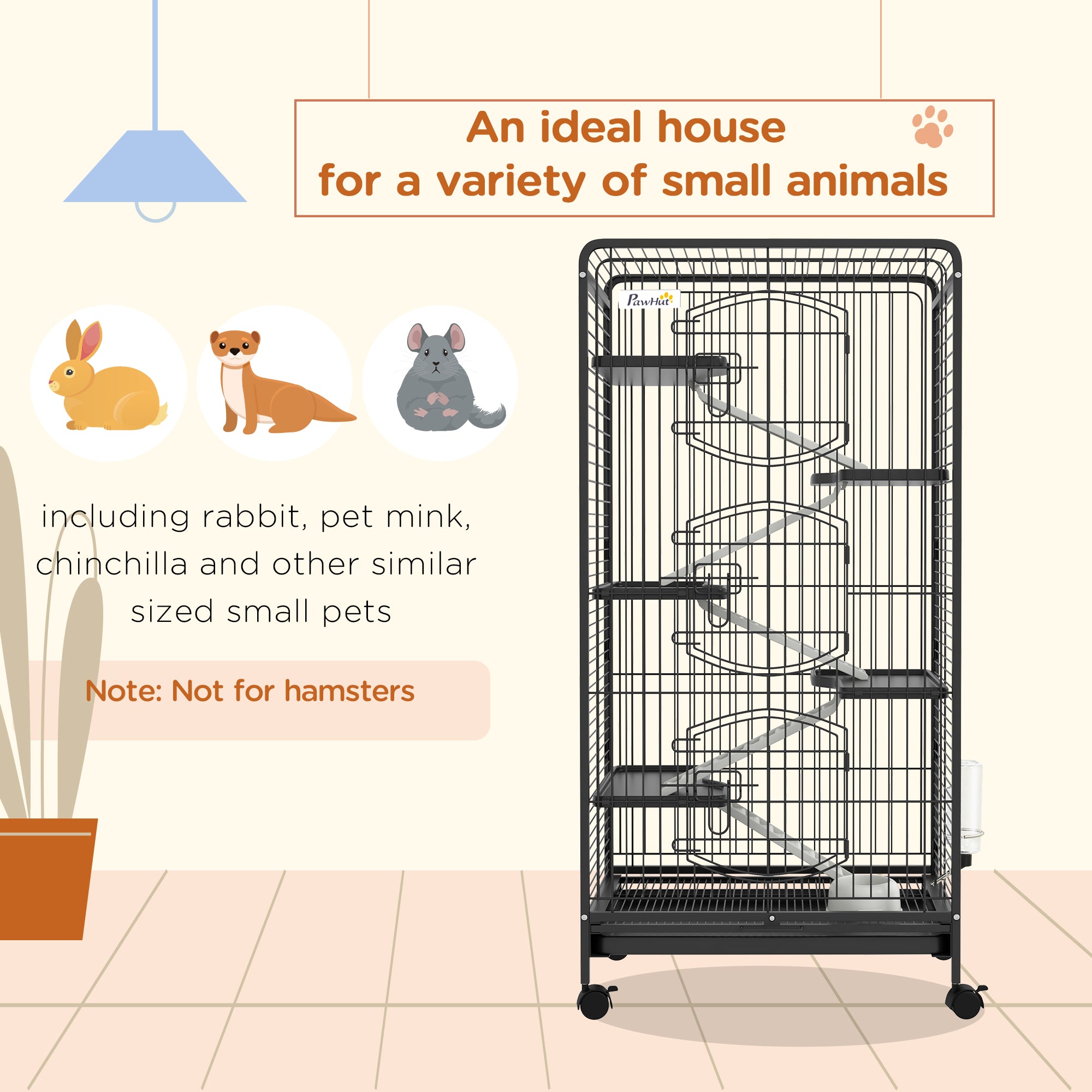 PawHut 6-Tier Small Animal Cage Pet Playpen for Rabbit Ferret Chinchilla on Wheels with Removable Tray Platform Ramp Food Dish Water Bottle, 24