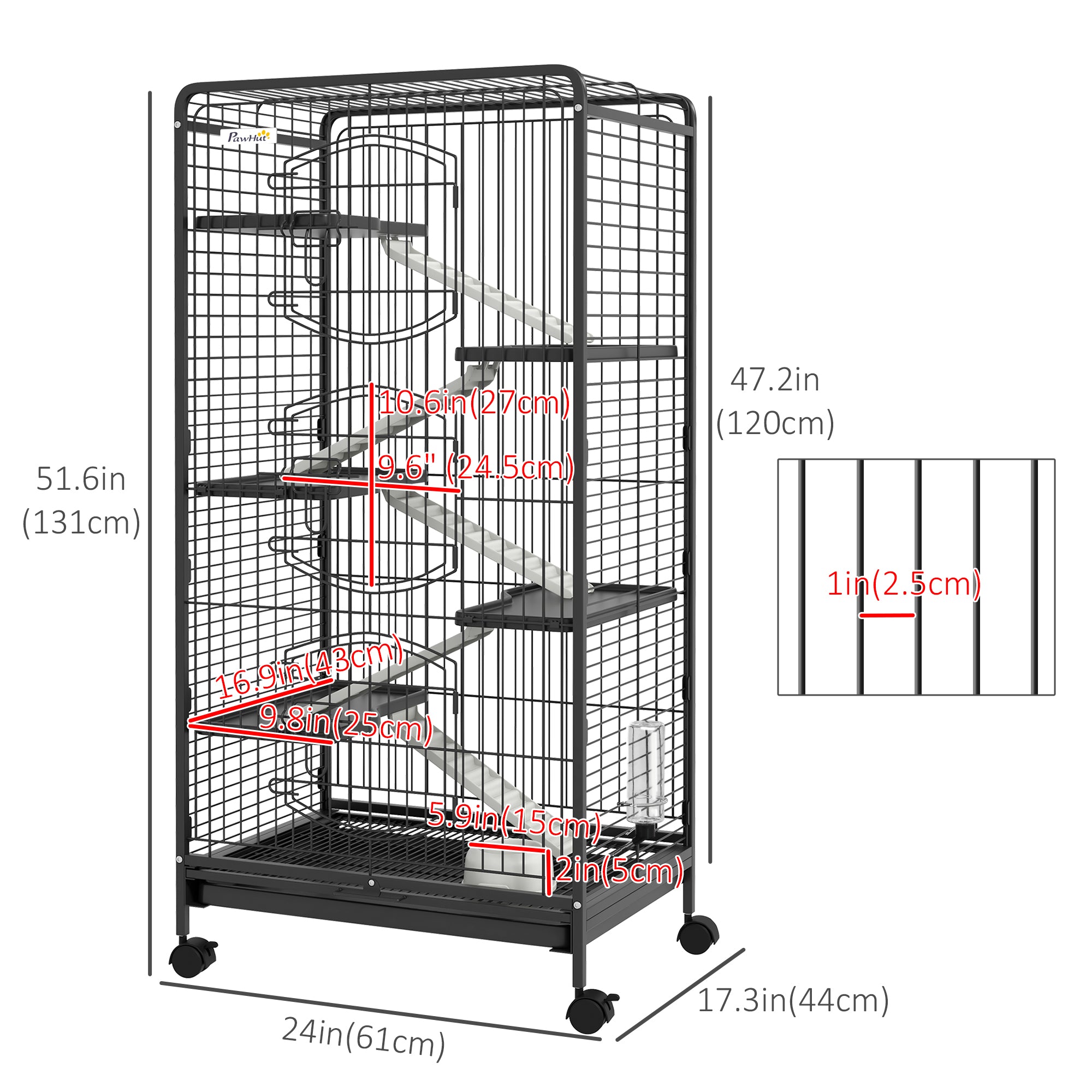 PawHut 6-Tier Small Animal Cage Pet Playpen for Rabbit Ferret Chinchilla on Wheels with Removable Tray Platform Ramp Food Dish Water Bottle, 24" x 17" x 52"