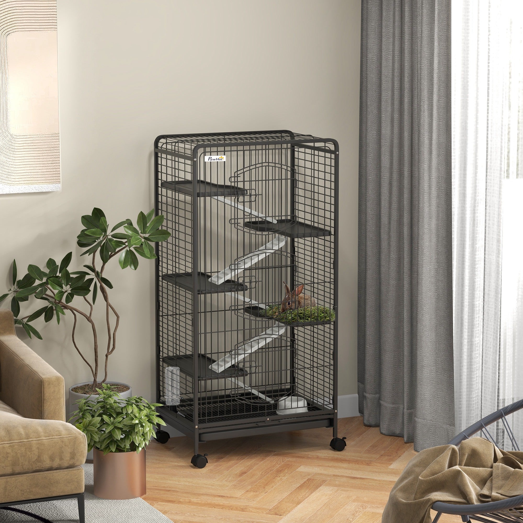 PawHut Ferret Cage Small Animal Cage 6 Levels with Bowl, Water Bottle, Wheels, Rolling Pet Cage for Bunnies Chinchillas, Squirrels, 131cm - Black