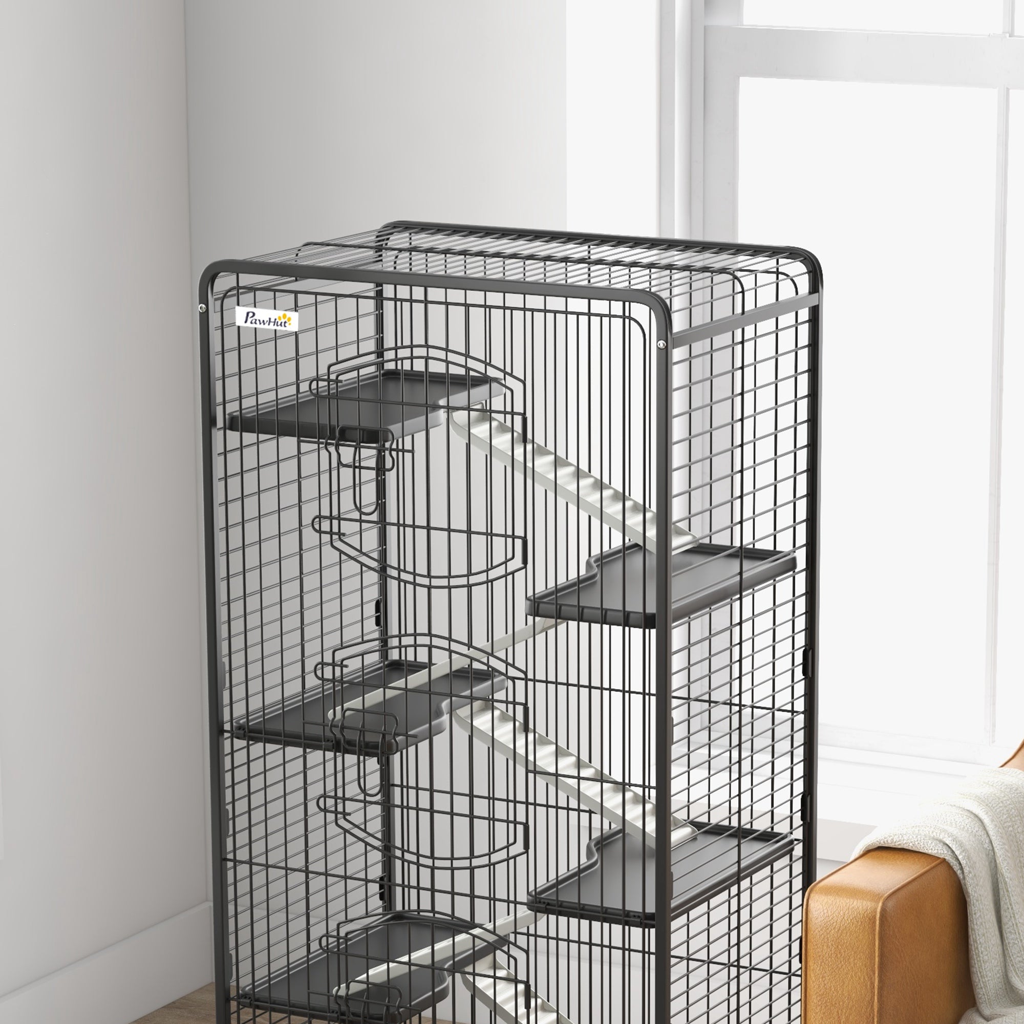 PawHut 6-Tier Small Animal Cage Pet Playpen for Rabbit Ferret Chinchilla on Wheels with Removable Tray Platform Ramp Food Dish Water Bottle, 24