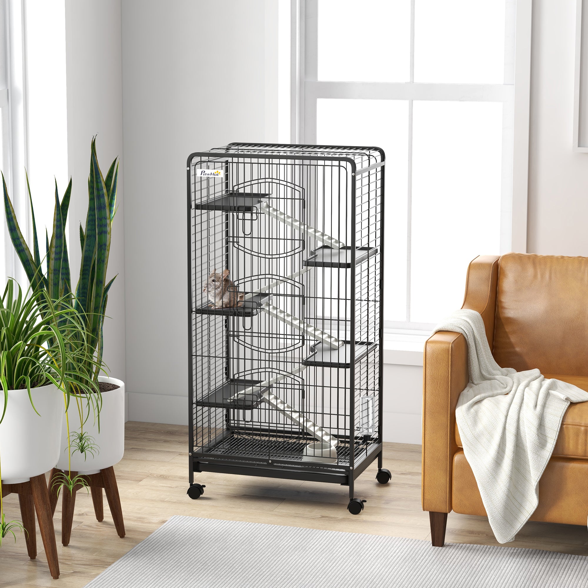 PawHut 6-Tier Small Animal Cage Pet Playpen for Rabbit Ferret Chinchilla on Wheels with Removable Tray Platform Ramp Food Dish Water Bottle, 24