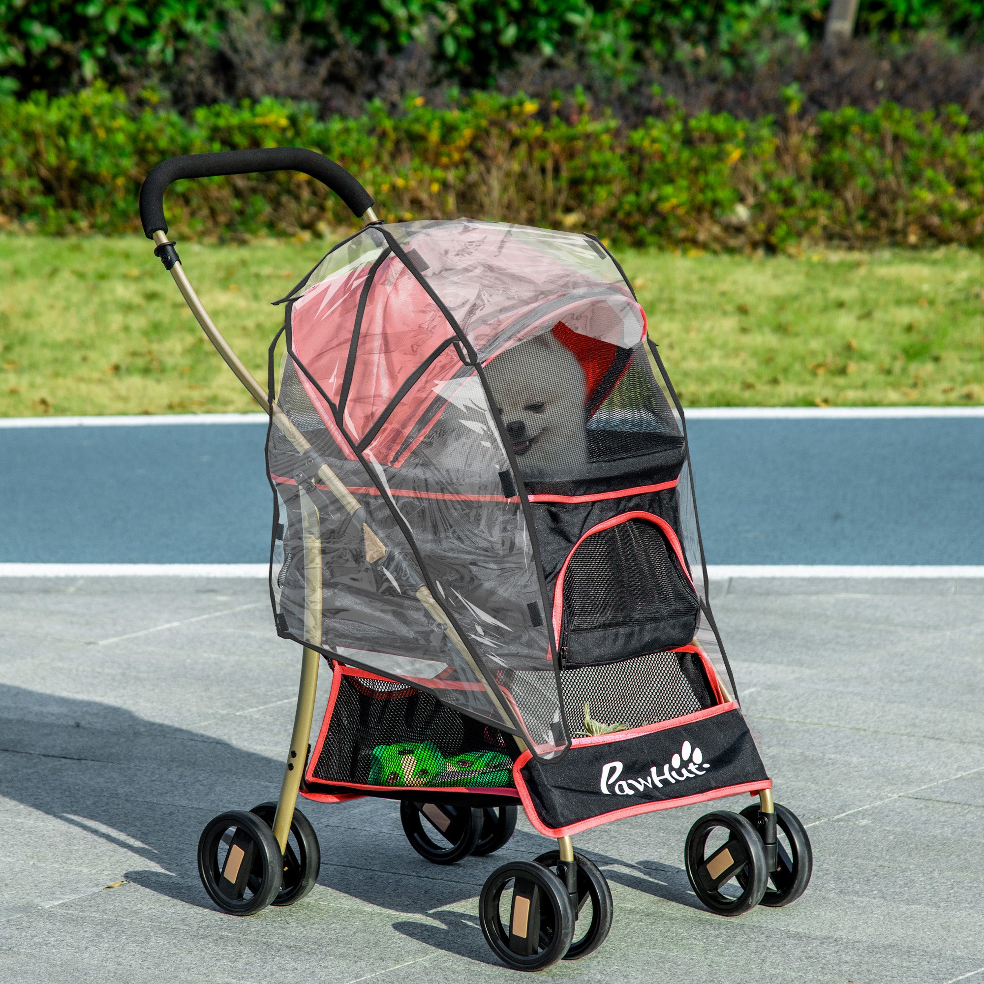 PawHut Detachable Pet Stroller with Rain Cover, 3 In 1 Cat Dog Pushchair, Foldable Carrying Bag w/ Universal Wheels, Brake, Canopy, Basket, Storage Bag for Small and Tiny Dogs - Red
