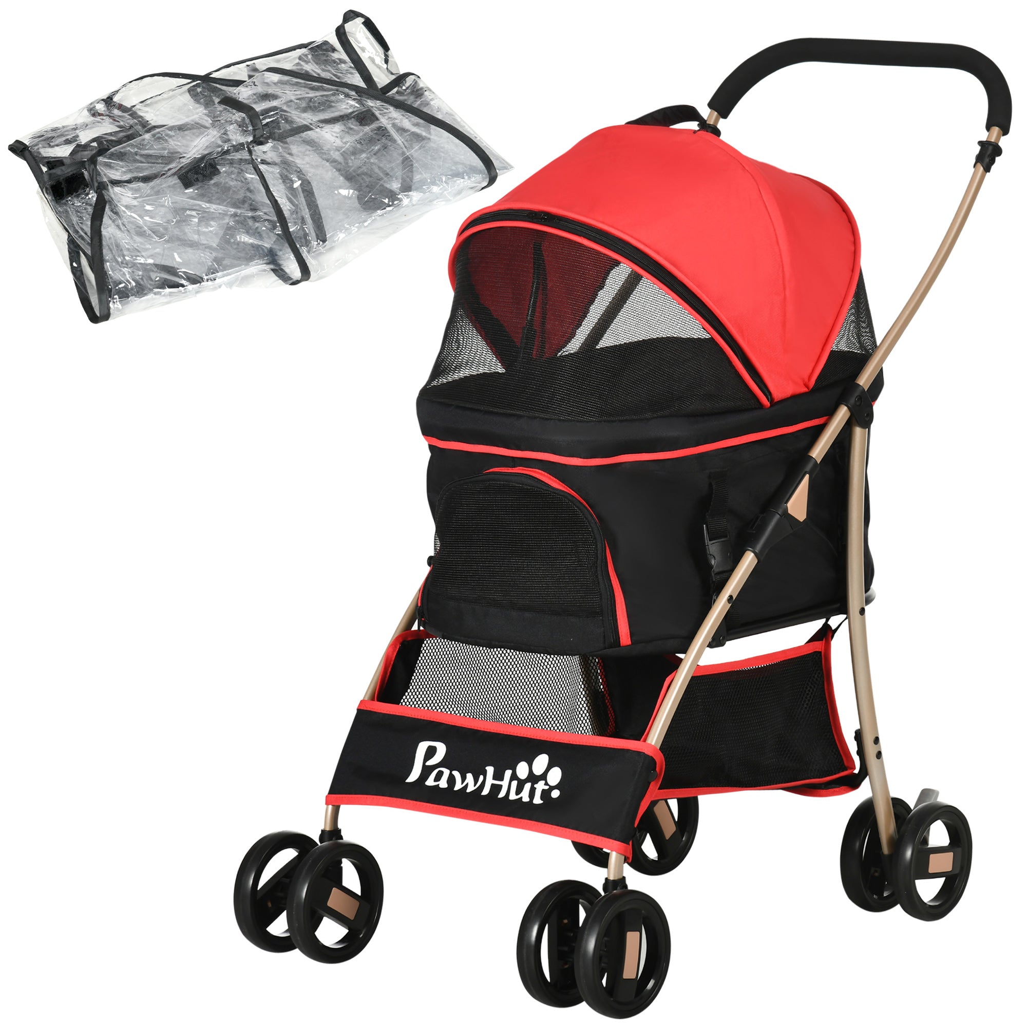 PawHut Detachable Pet Stroller with Rain Cover, 3 In 1 Cat Dog Pushchair, Foldable Carrying Bag w/ Universal Wheels, Brake, Canopy, Basket, Storage Bag for Small and Tiny Dogs - Red