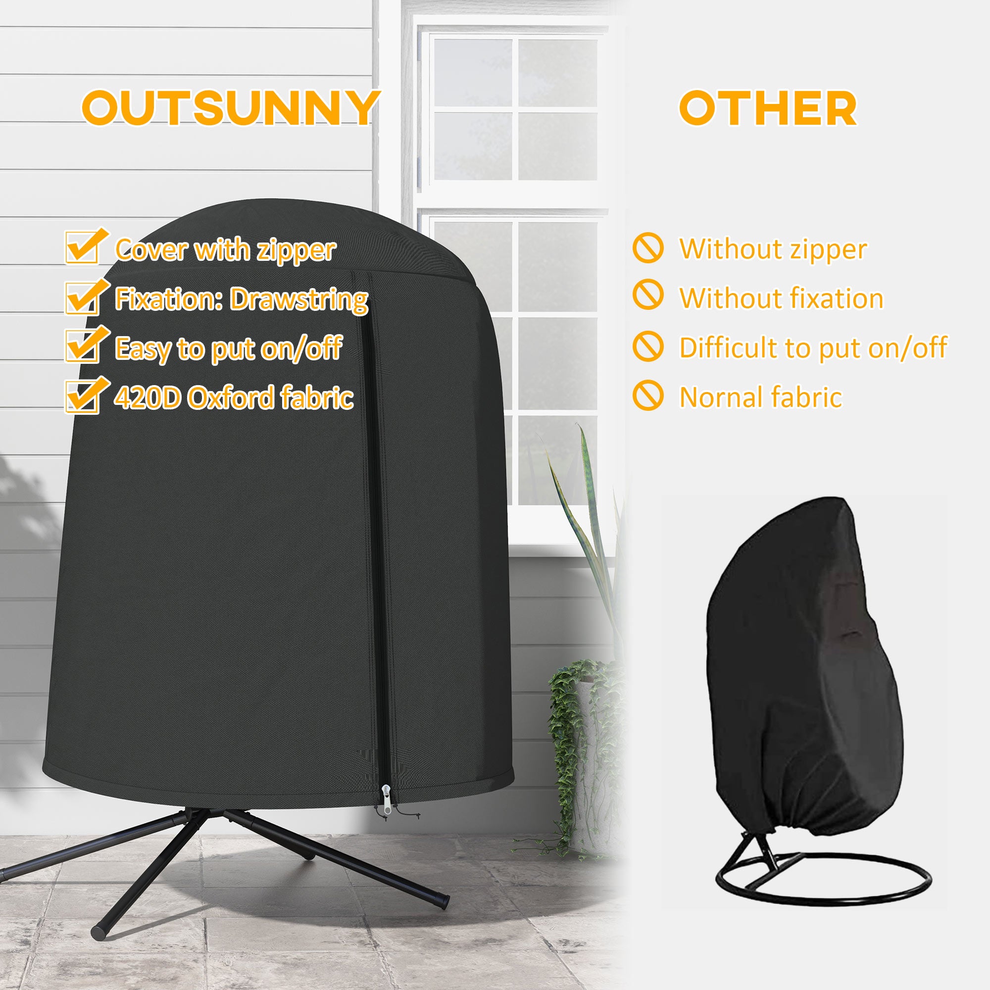 Outsunny Hanging Egg Chair Cover, Outdoor Single Swing Chair Cover, Waterproof Anti-dust Furniture Protector with Zipper, 420D Oxford Fabric for Φ50.4" x 74.8" H Stand, Black