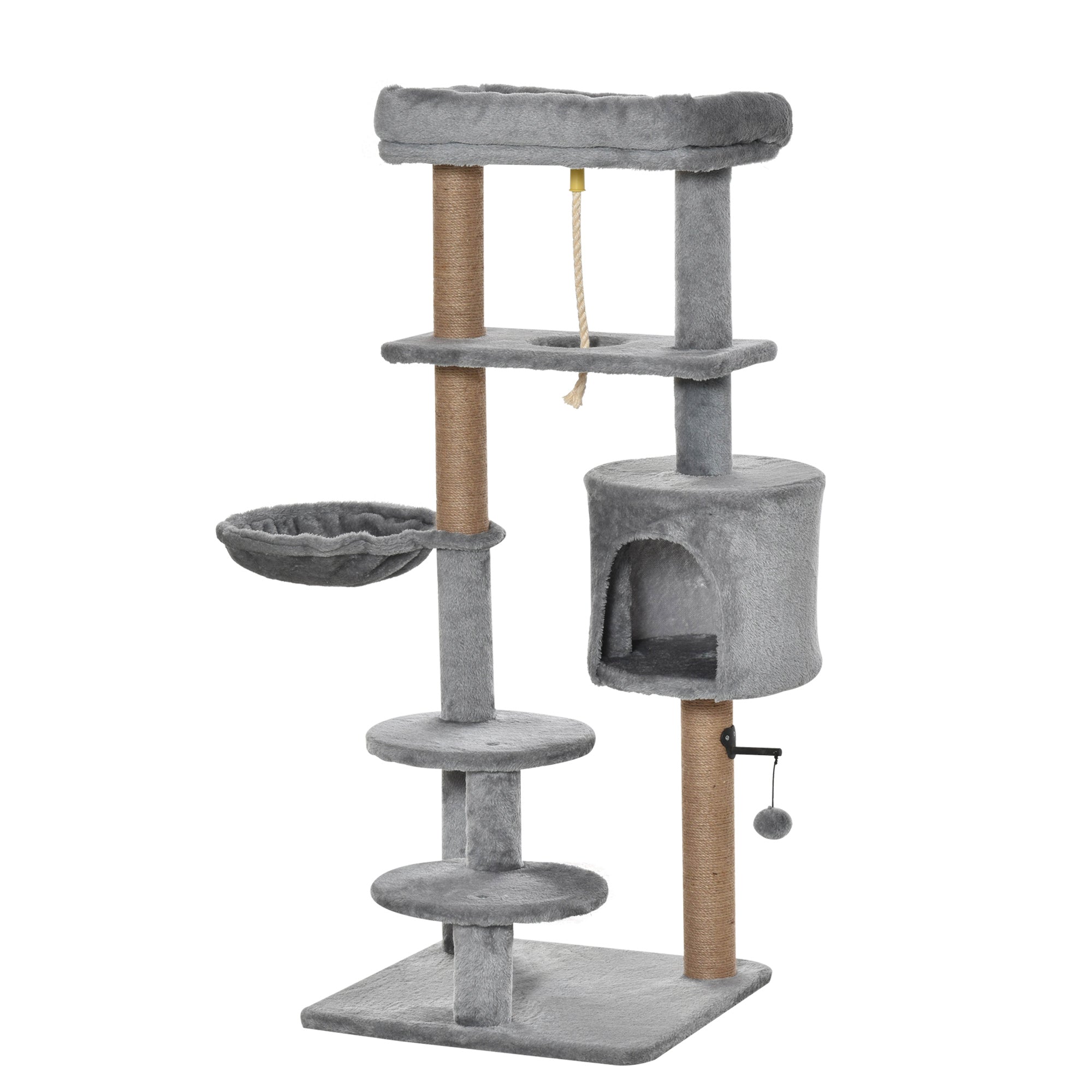 PawHut Cat Tree Tower for Indoor Cats 120cm Climbing Kitten Activity Center with Jute Scratching Post Perch Hanging Ball Hammock Teasing Rope Condo Toy Light Grey