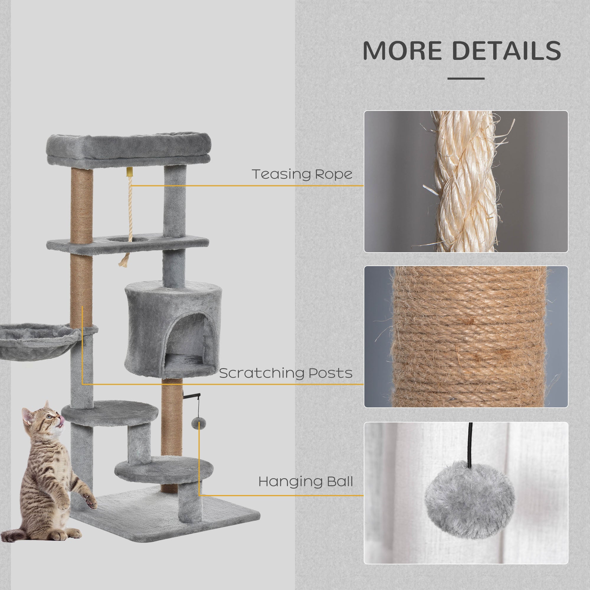 PawHut Cat Tree, 47 Inches Multi-Level Cat Tower with Scratching Post, Hammock, Cat Condo, Perch, Toy Ball, Tall Cat Tree for Indoor Cat, Grey