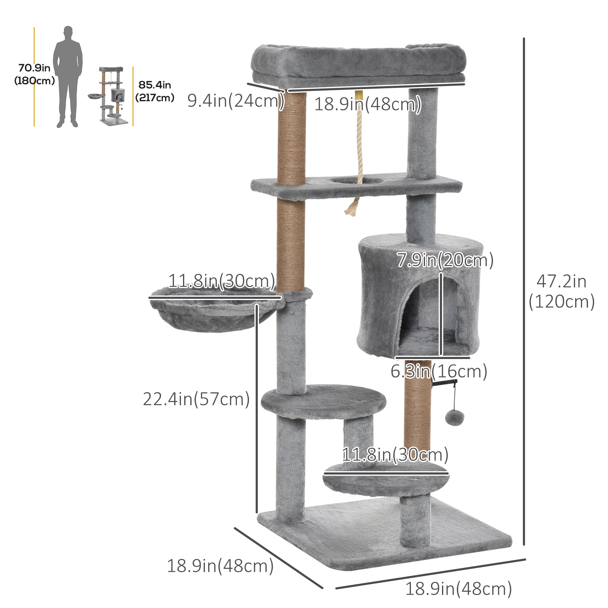 PawHut Cat Tree, 47 Inches Multi-Level Cat Tower with Scratching Post, Hammock, Cat Condo, Perch, Toy Ball, Tall Cat Tree for Indoor Cat, Grey