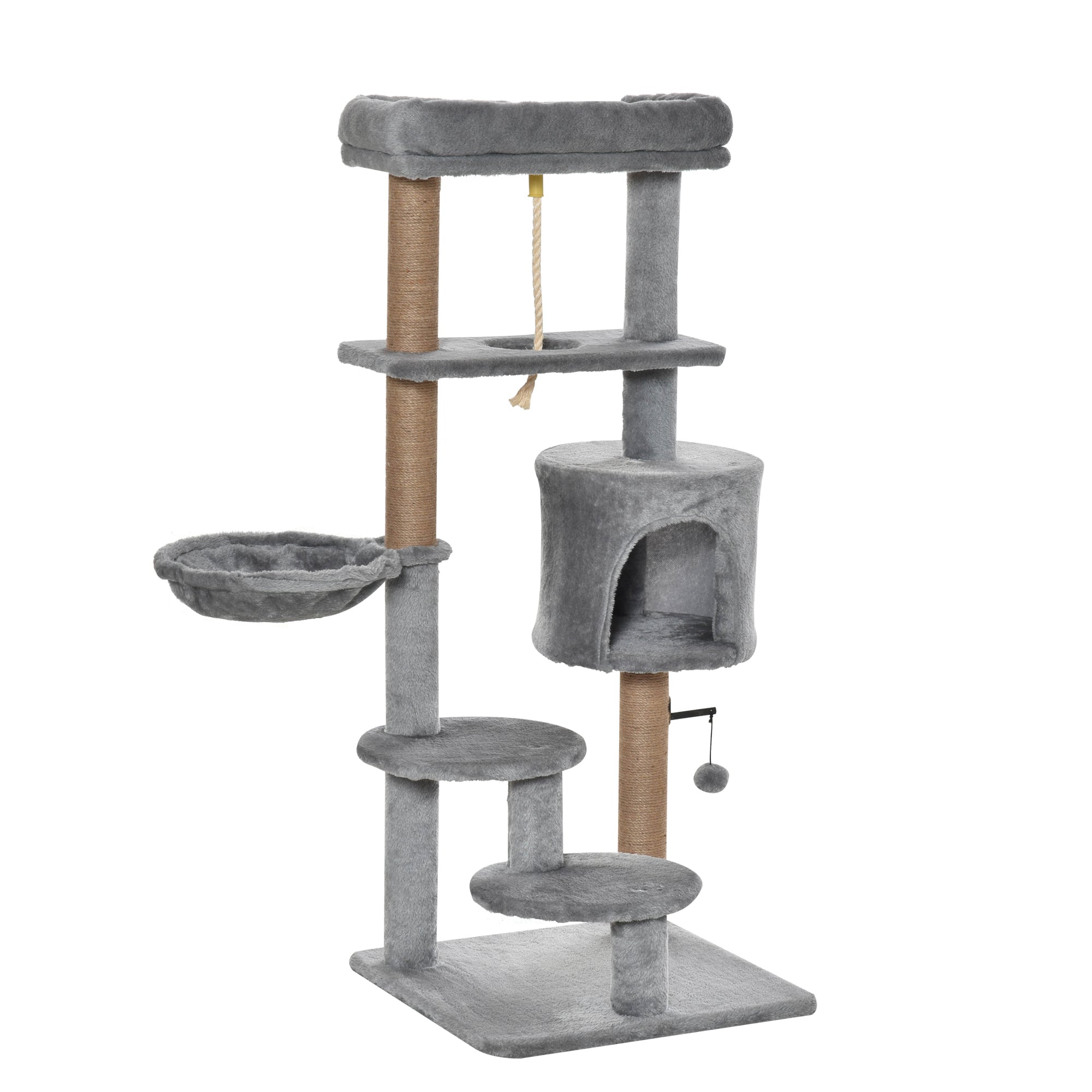 PawHut Cat Tree, 47 Inches Multi-Level Cat Tower with Scratching Post, Hammock, Cat Condo, Perch, Toy Ball, Tall Cat Tree for Indoor Cat, Grey