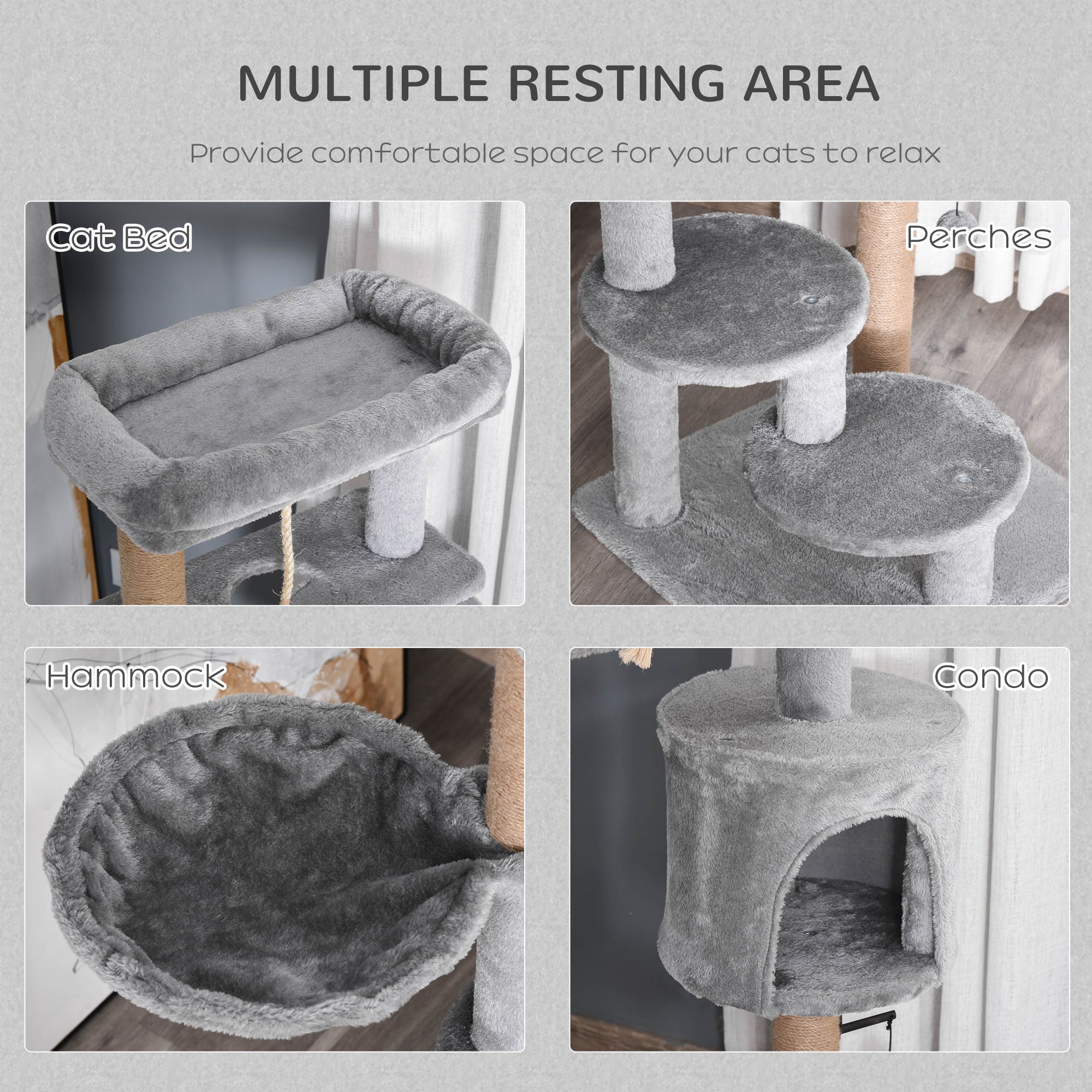 PawHut Cat Tree, 47 Inches Multi-Level Cat Tower with Scratching Post, Hammock, Cat Condo, Perch, Toy Ball, Tall Cat Tree for Indoor Cat, Grey