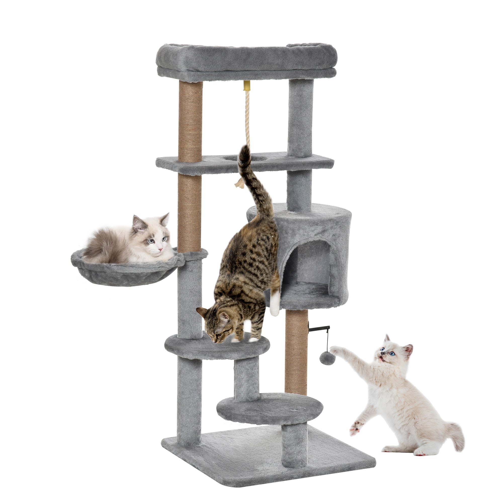 PawHut Cat Tree, 47 Inches Multi-Level Cat Tower with Scratching Post, Hammock, Cat Condo, Perch, Toy Ball, Tall Cat Tree for Indoor Cat, Grey