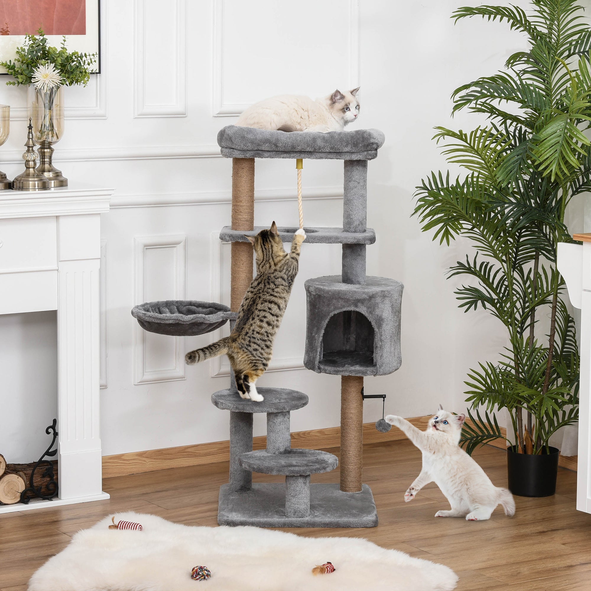 PawHut Cat Tree, 47 Inches Multi-Level Cat Tower with Scratching Post, Hammock, Cat Condo, Perch, Toy Ball, Tall Cat Tree for Indoor Cat, Grey