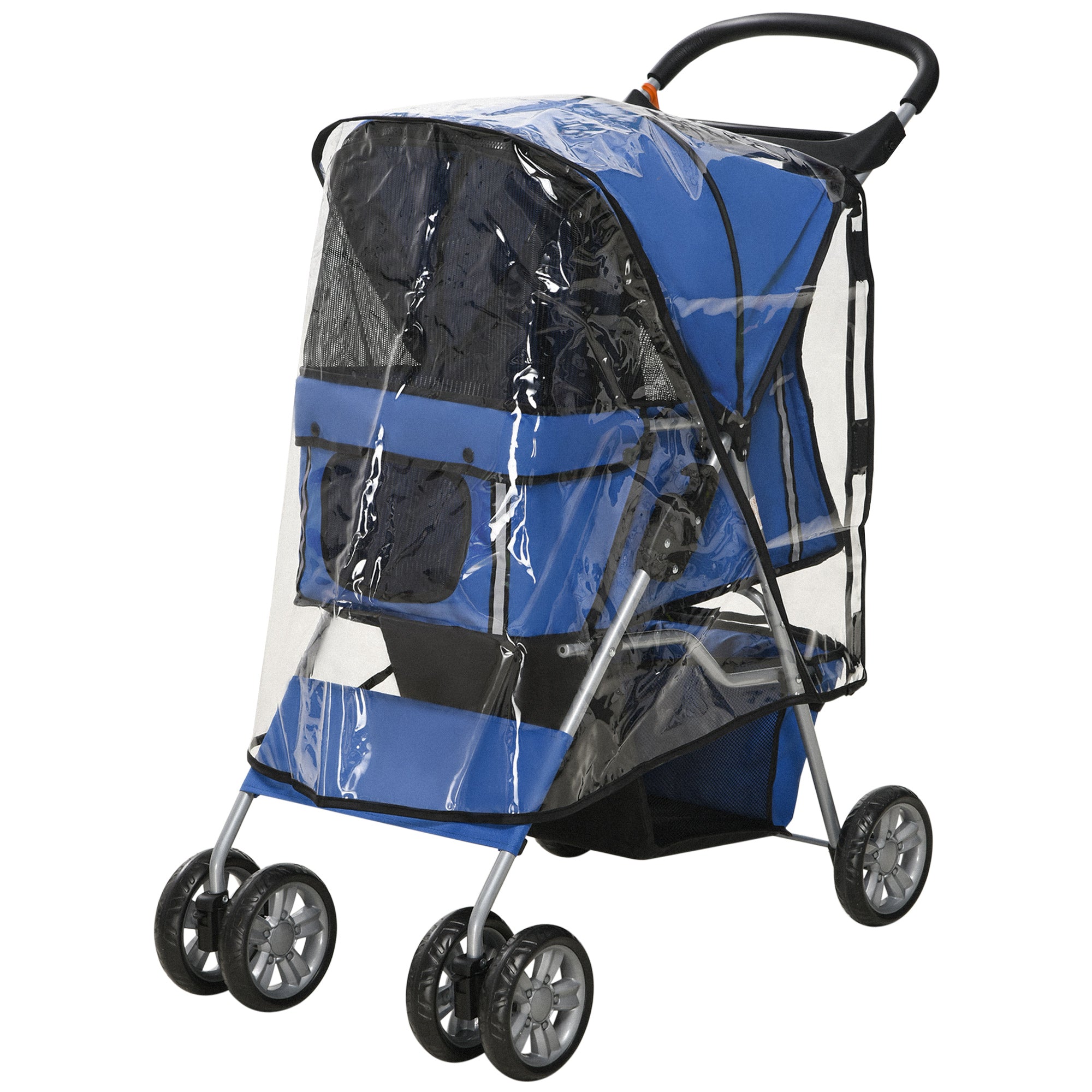 PawHut Dog Stroller with Rain Cover for Small Miniature Dogs, Folding Pet Pram with Cup Holder, Storage Basket, Reflective Strips, Blue