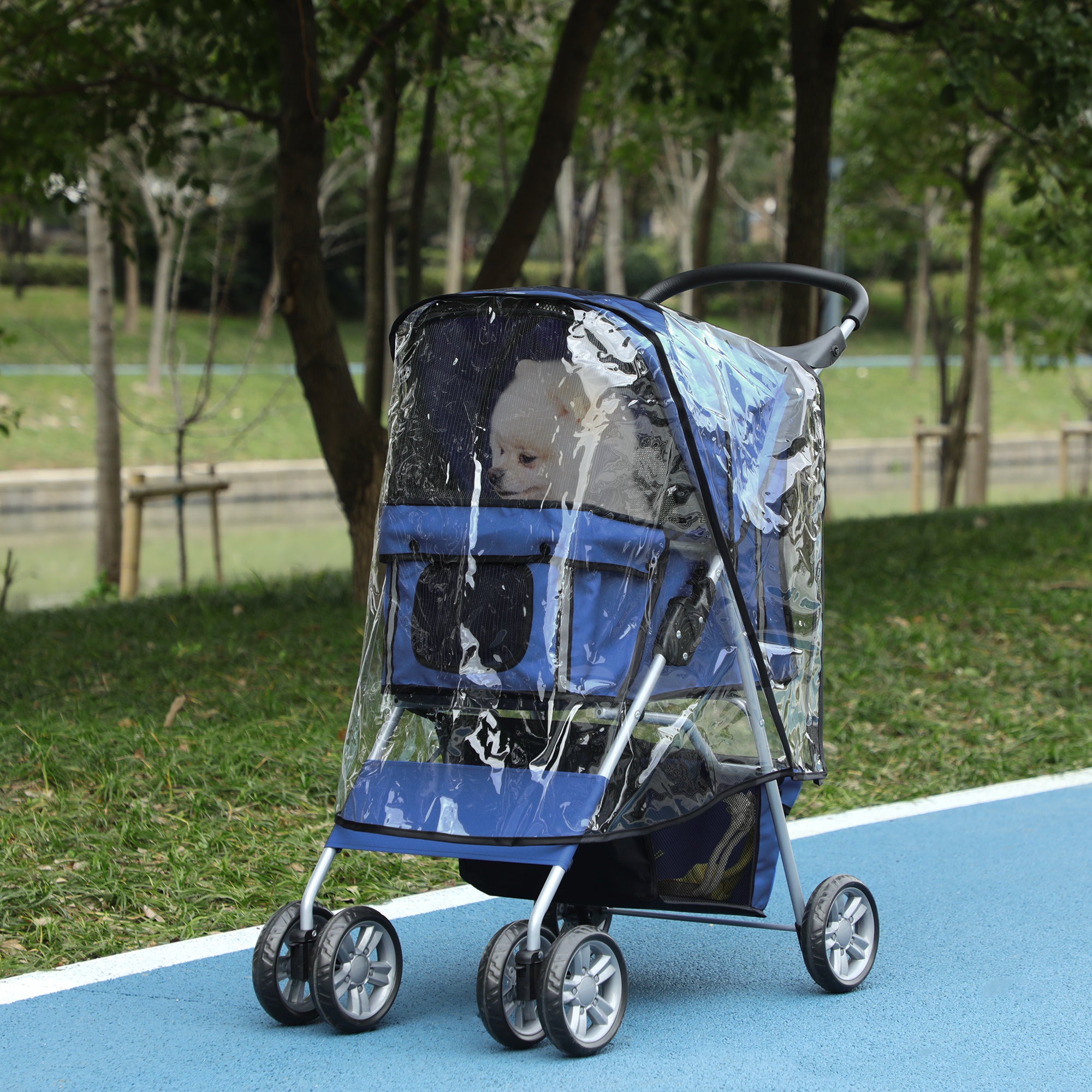 PawHut Dog Stroller with Rain Cover for Small Miniature Dogs, Folding Pet Pram with Cup Holder, Storage Basket, Reflective Strips, Blue