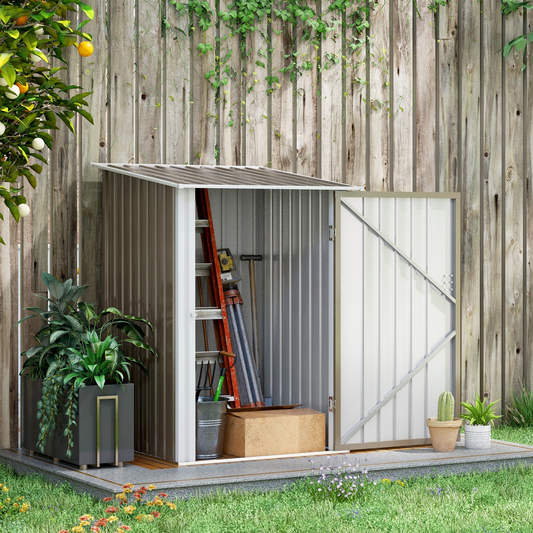 Outsunny 3' x 3' Lean-to Garden Storage Shed, Outdoor Galvanized Steel Tool House with Lockable Door for Patio, Backyard Lawn, Brown and White