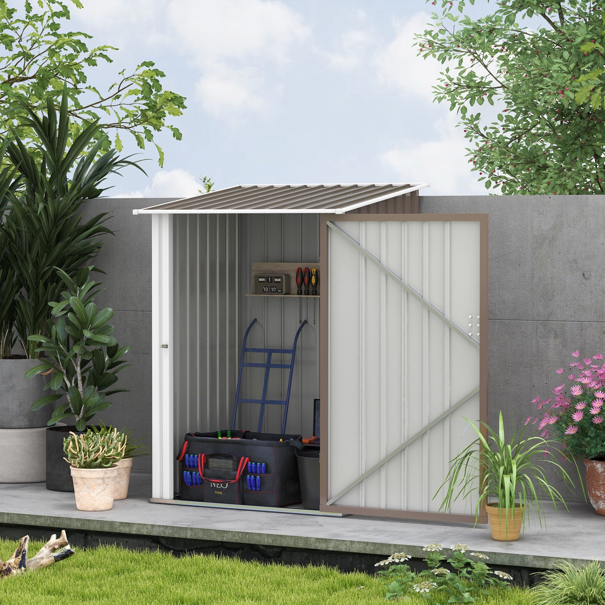 Outsunny 3' x 3' Lean-to Garden Storage Shed, Outdoor Galvanized Steel Tool House with Lockable Door for Patio, Backyard Lawn, Brown and White