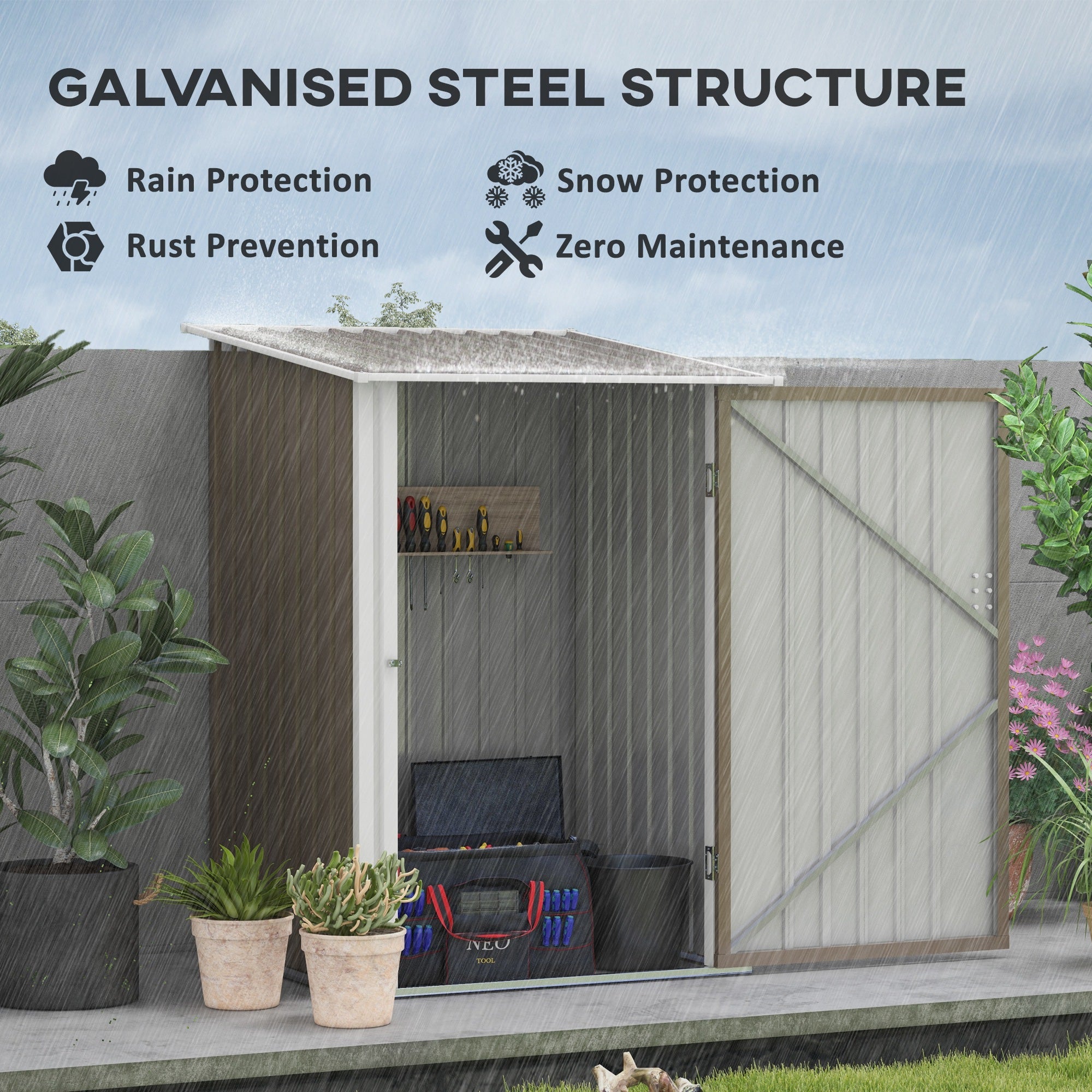 Outsunny 3' x 3' Lean-to Garden Storage Shed, Outdoor Galvanized Steel Tool House with Lockable Door for Patio, Backyard Lawn, Brown and White
