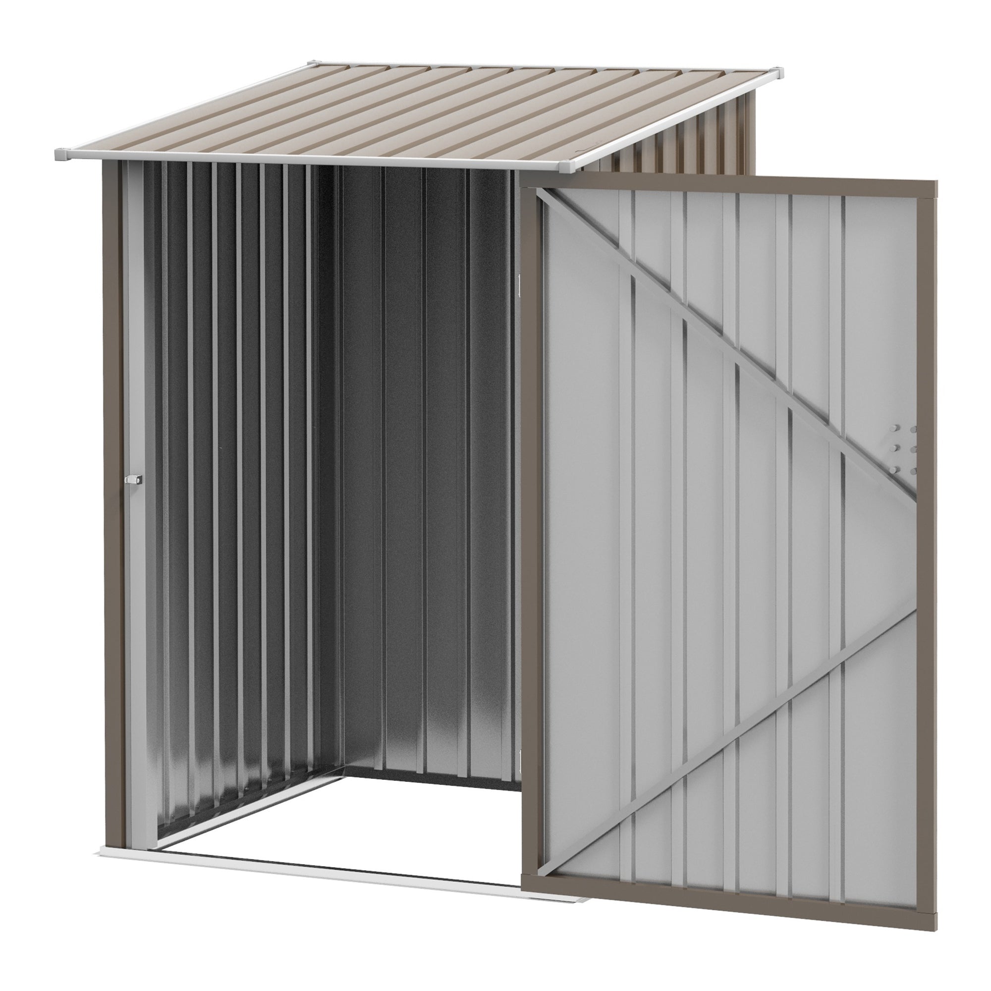 Outsunny 3' x 3' Lean-to Garden Storage Shed, Outdoor Galvanized Steel Tool House with Lockable Door for Patio, Backyard Lawn, Brown and White