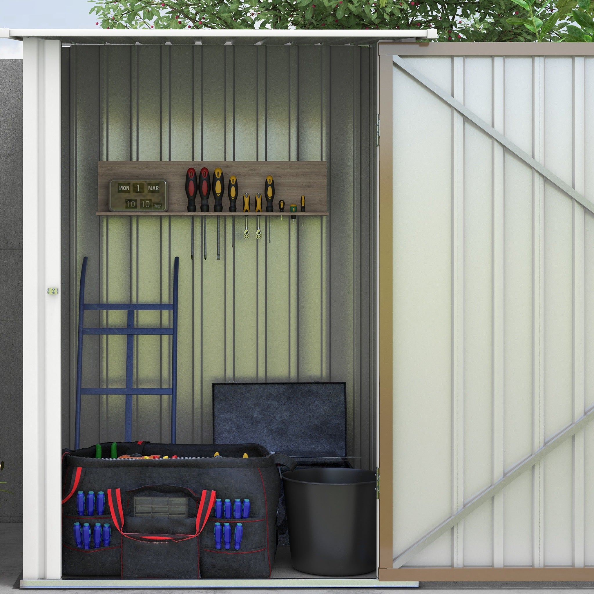 Outsunny 3' x 3' Lean-to Garden Storage Shed, Outdoor Galvanized Steel Tool House with Lockable Door for Patio, Backyard Lawn, Brown and White