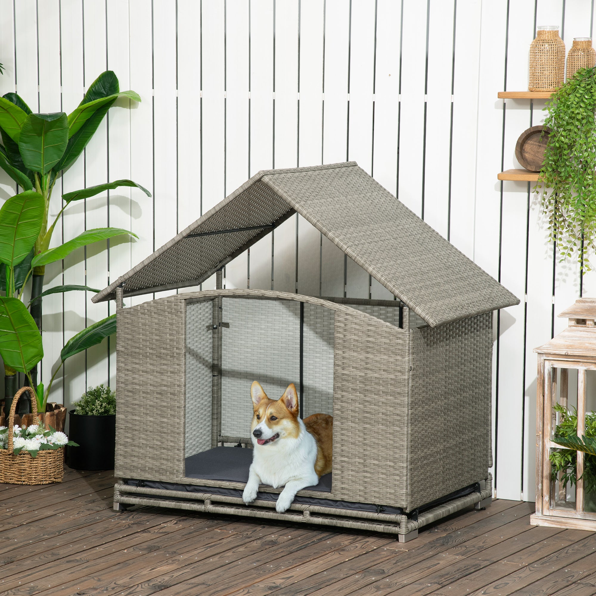 PawHut Wicker Dog House Outdoor with Canopy, Fancy Dog Bed Rattan Outside Dog Shelter with Water-Resistant Soft Cushion, Small Dog House for Medium Dogs