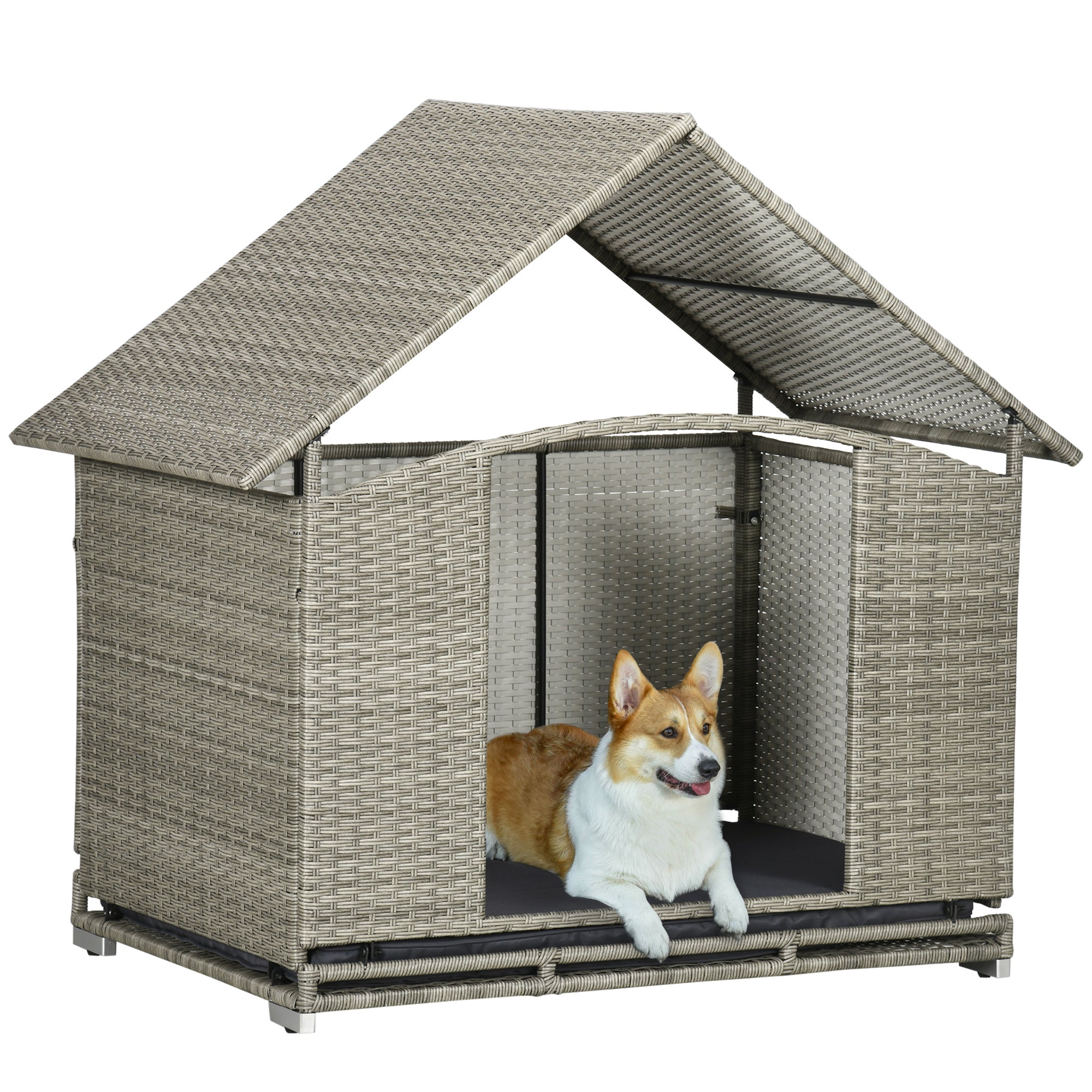 PawHut Wicker Dog House Outdoor with Canopy, Fancy Dog Bed Rattan Outside Dog Shelter with Water-Resistant Soft Cushion, Small Dog House for Medium Dogs