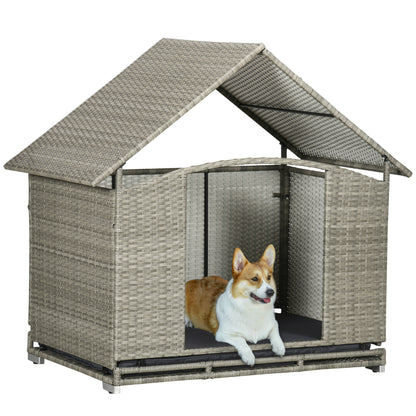 PawHut Wicker Dog House Outdoor with Canopy, Fancy Dog Bed Rattan Outside Dog Shelter with Water-Resistant Soft Cushion, Small Dog House for Medium Dogs