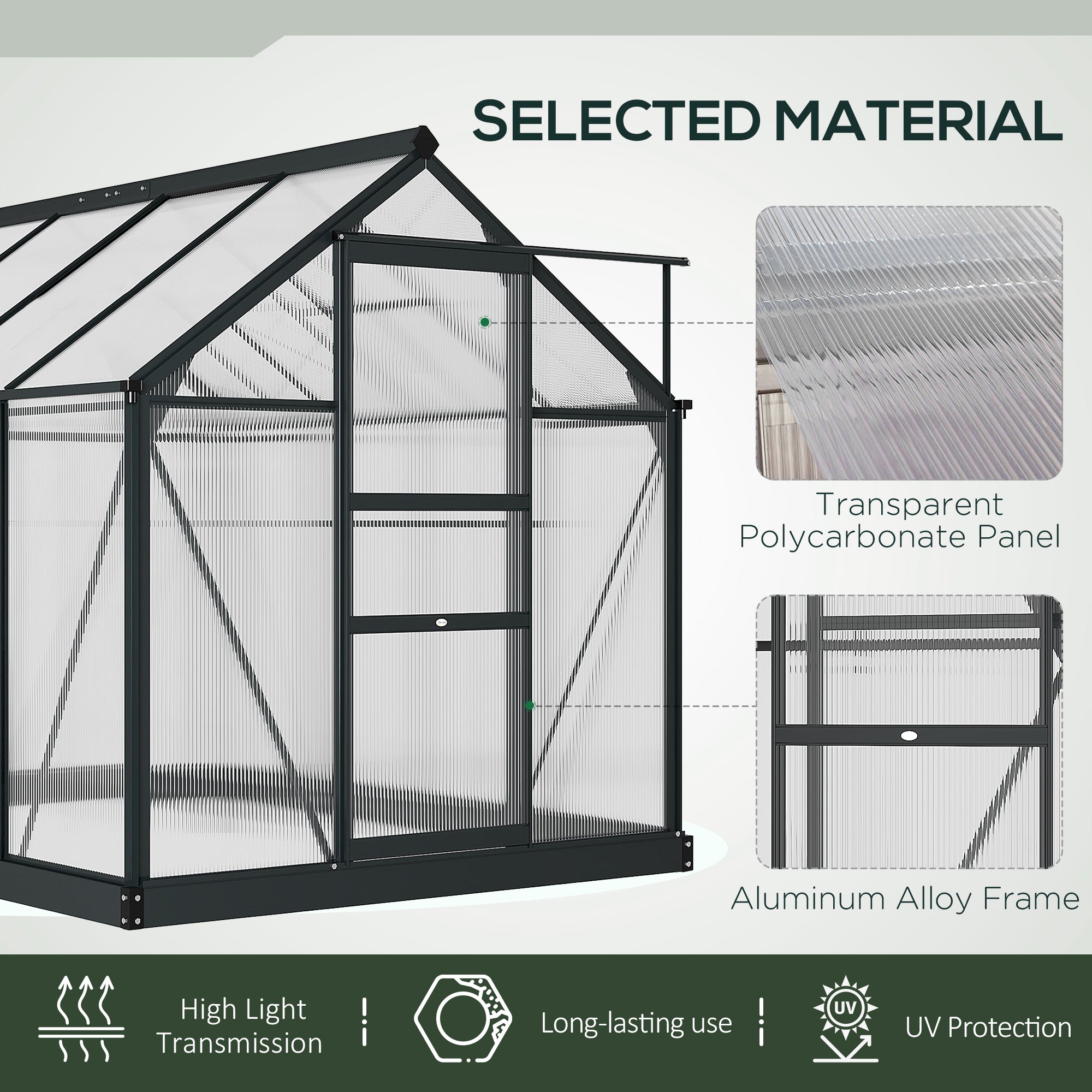 Outsunny 6' x 8' x 6.6' Polycarbonate Greenhouse, Walk-In Green House Kit Garden, Plants Grow, Galvanized Sheet Aluminum Frame with Rain Gutter, Vent and Sliding Door, Grey