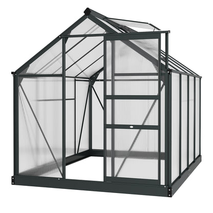 Outsunny 6' x 8' x 6.6' Polycarbonate Greenhouse, Walk-In Green House Kit Garden, Plants Grow, Galvanized Sheet Aluminum Frame with Rain Gutter, Vent and Sliding Door, Grey