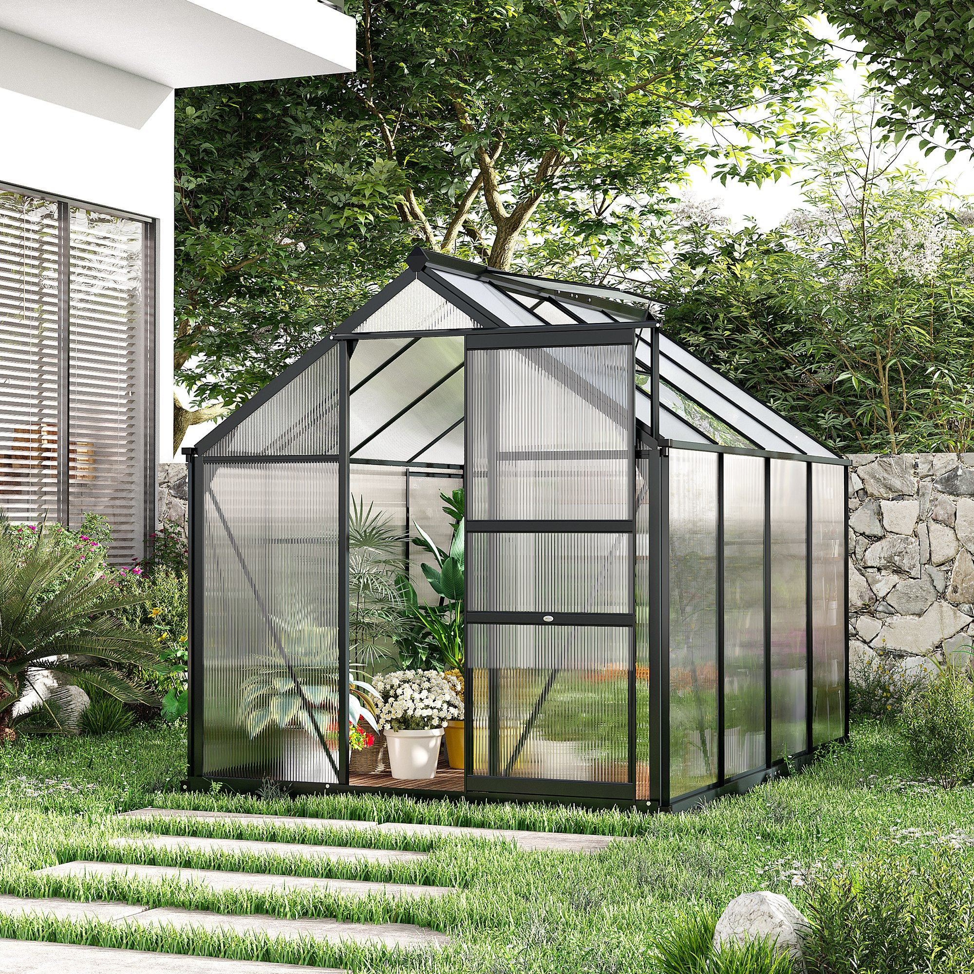 Outsunny 6' x 8' x 6.6' Polycarbonate Greenhouse, Walk-In Green House Kit Garden, Plants Grow, Galvanized Sheet Aluminum Frame with Rain Gutter, Vent and Sliding Door, Grey