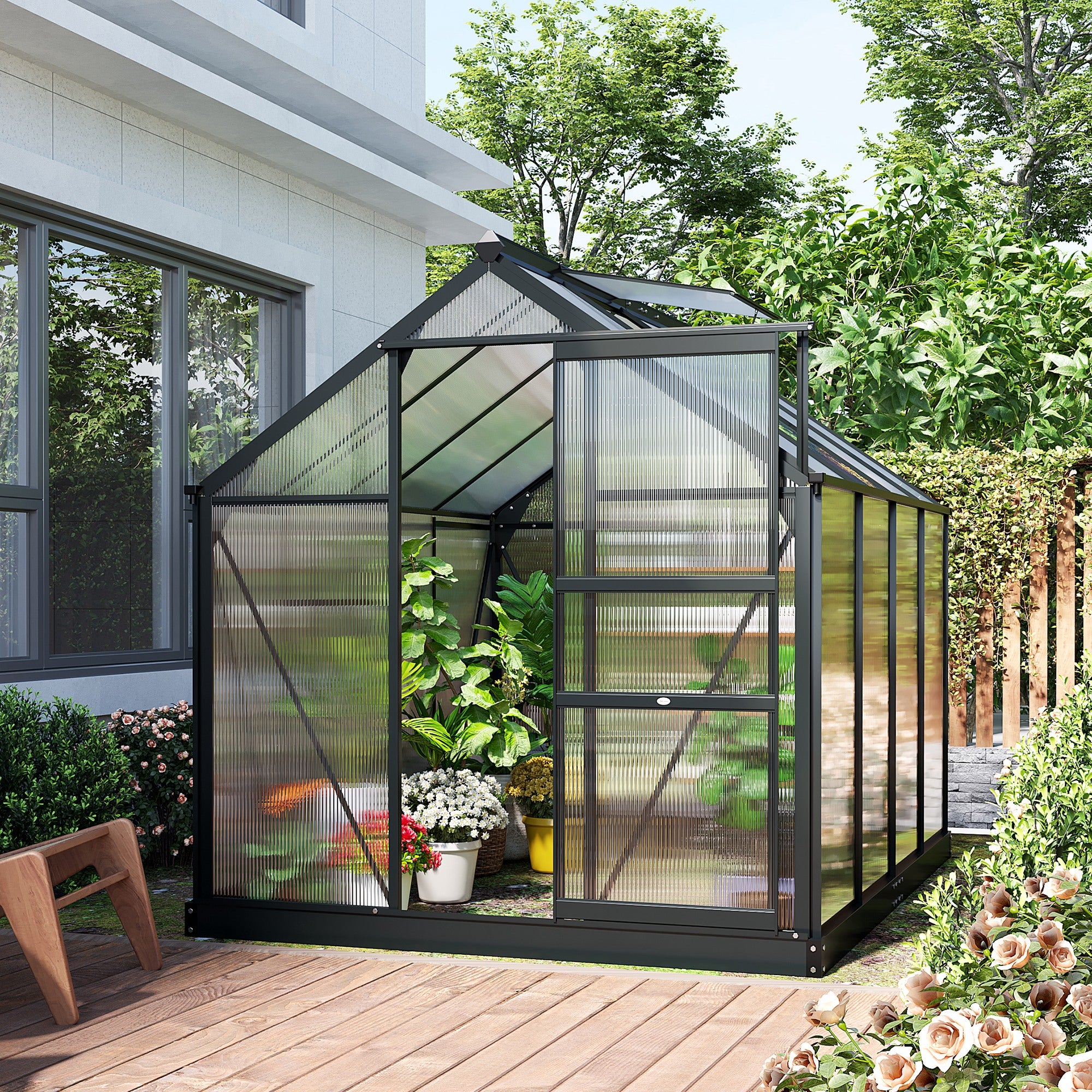 Outsunny 6' x 8' x 6.6' Polycarbonate Greenhouse, Walk-In Green House Kit Garden, Plants Grow, Galvanized Sheet Aluminum Frame with Rain Gutter, Vent and Sliding Door, Grey