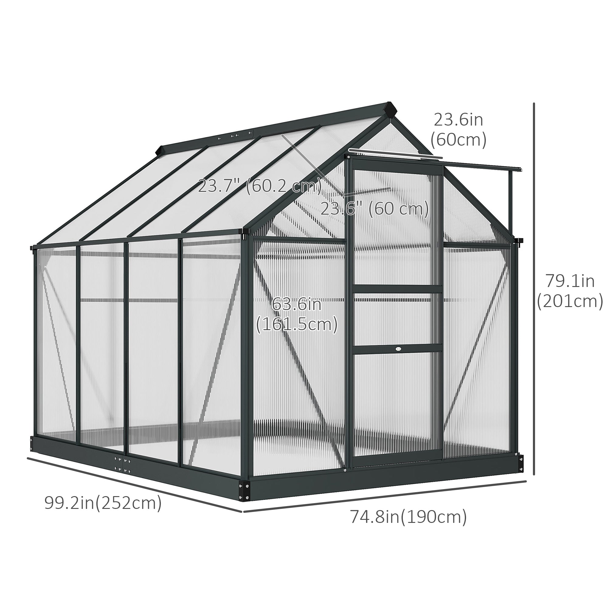 Outsunny 6' x 8' x 6.6' Polycarbonate Greenhouse, Walk-In Green House Kit Garden, Plants Grow, Galvanized Sheet Aluminum Frame with Rain Gutter, Vent and Sliding Door, Grey