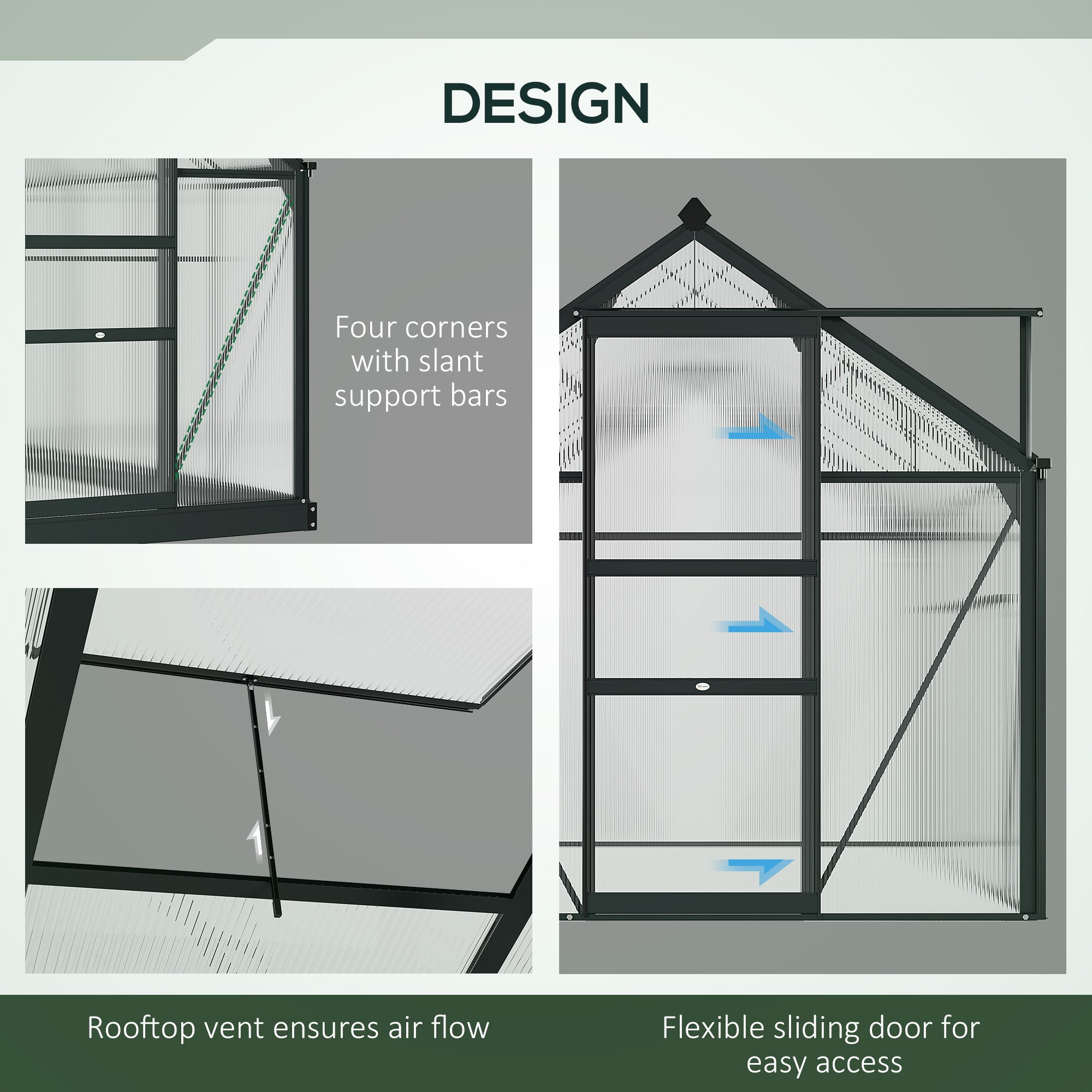 Outsunny 6' x 8' x 6.6' Polycarbonate Greenhouse, Walk-In Green House Kit Garden, Plants Grow, Galvanized Sheet Aluminum Frame with Rain Gutter, Vent and Sliding Door, Grey