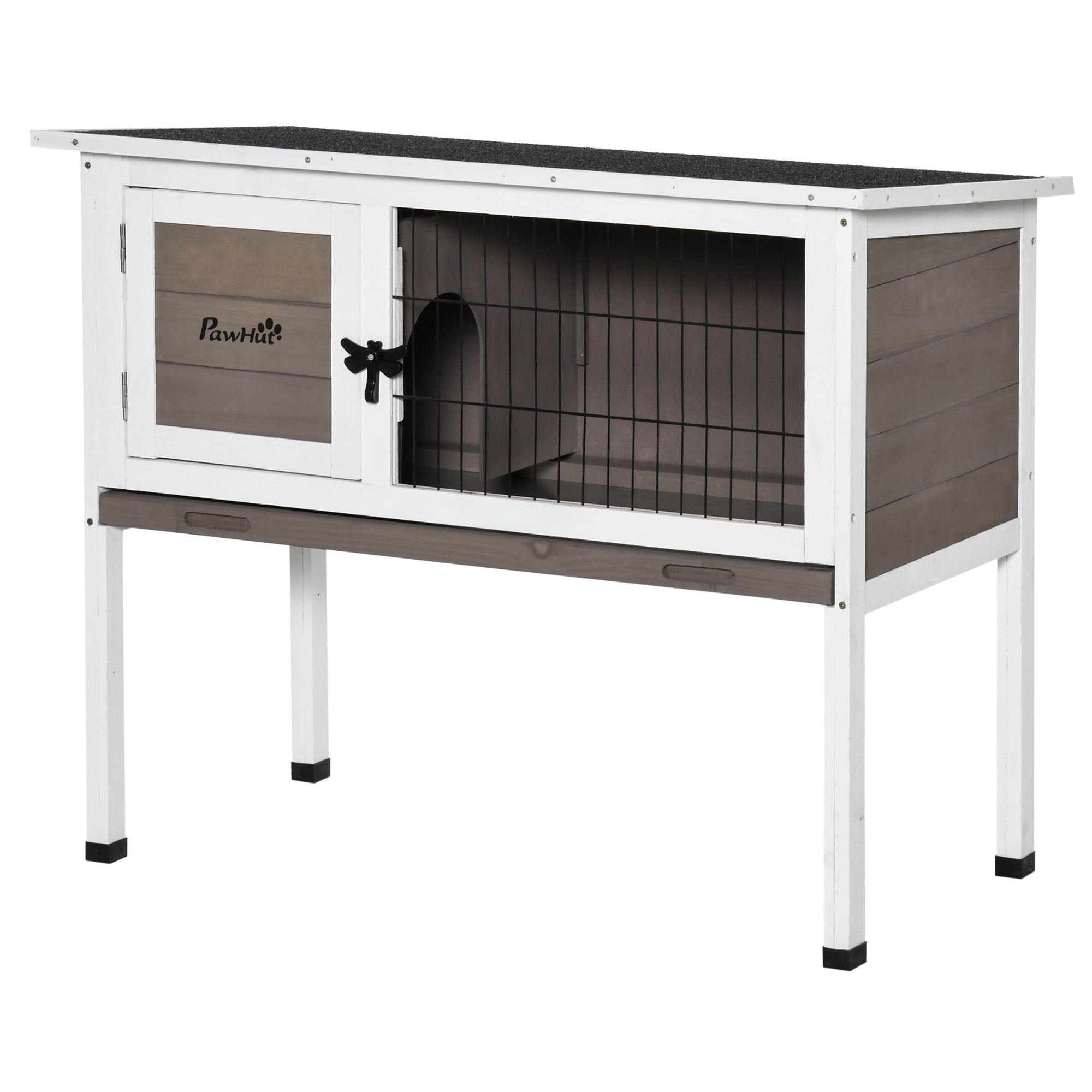 Pawhut Wooden Guinea Pig Hutch Bunny Cage Backyard Built in Tray Openable Asphalt Roof Small Animal House 86 x 45 x 70 cm Brown
