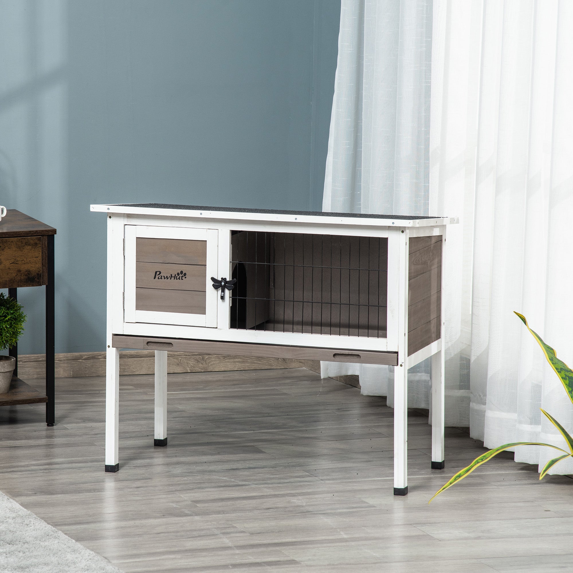 Pawhut Wooden Guinea Pig Hutch Bunny Cage Backyard Built in Tray Openable Asphalt Roof Small Animal House 86 x 45 x 70 cm Brown