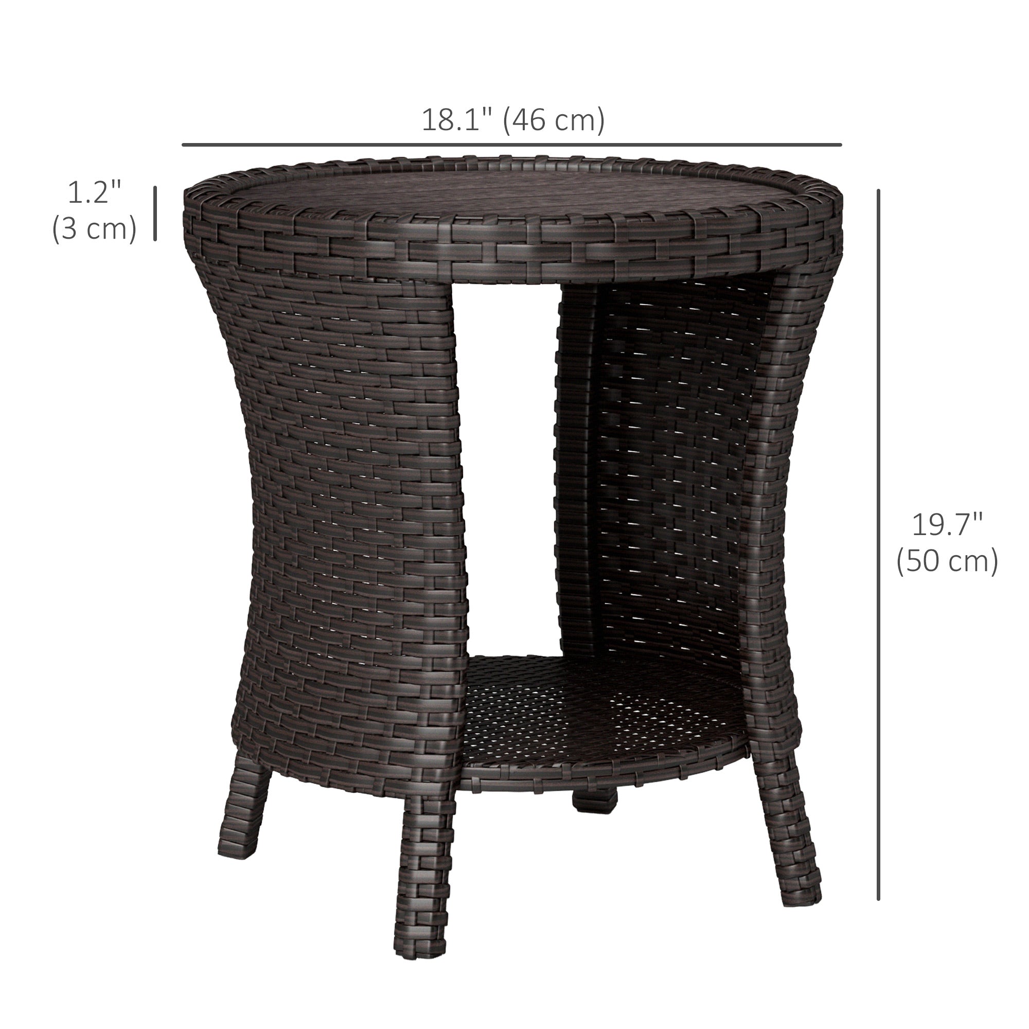 Outsunny 18" Wicker Outdoor Side Table, Patio Coffee Table with 2-Tier Storage, PE Rattan Outdoor Coffee Table with Composite Wood Top for Garden Backyard Balcony, Brown