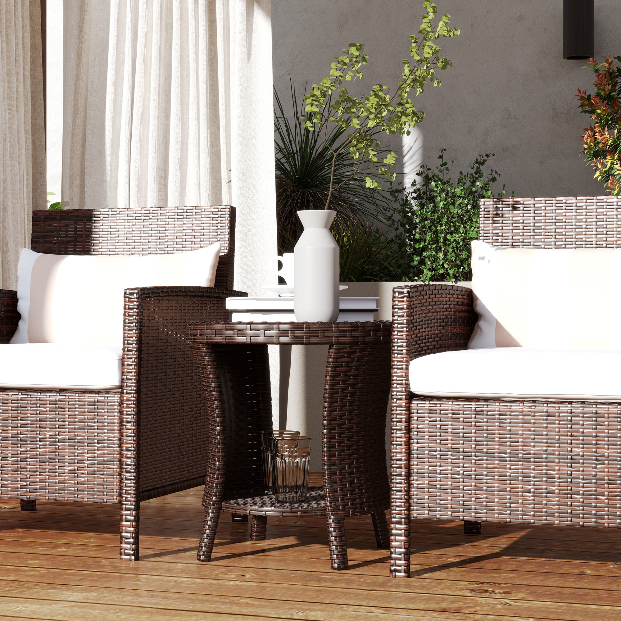 Outsunny 18" Wicker Outdoor Side Table, Patio Coffee Table with 2-Tier Storage, PE Rattan Outdoor Coffee Table with Composite Wood Top for Garden Backyard Balcony, Brown