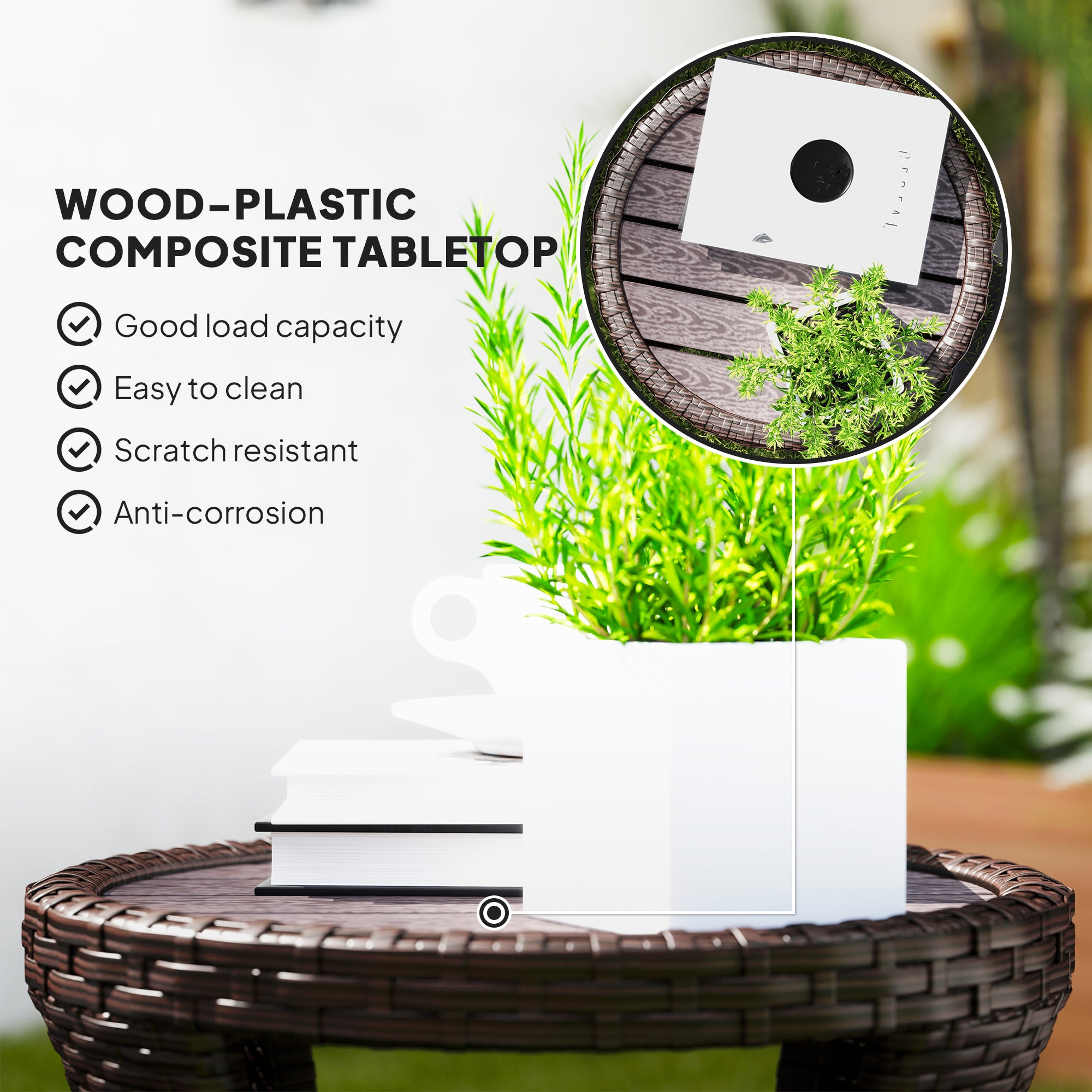 Outsunny 18" Wicker Outdoor Side Table, Patio Coffee Table with 2-Tier Storage, PE Rattan Outdoor Coffee Table with Composite Wood Top for Garden Backyard Balcony, Brown