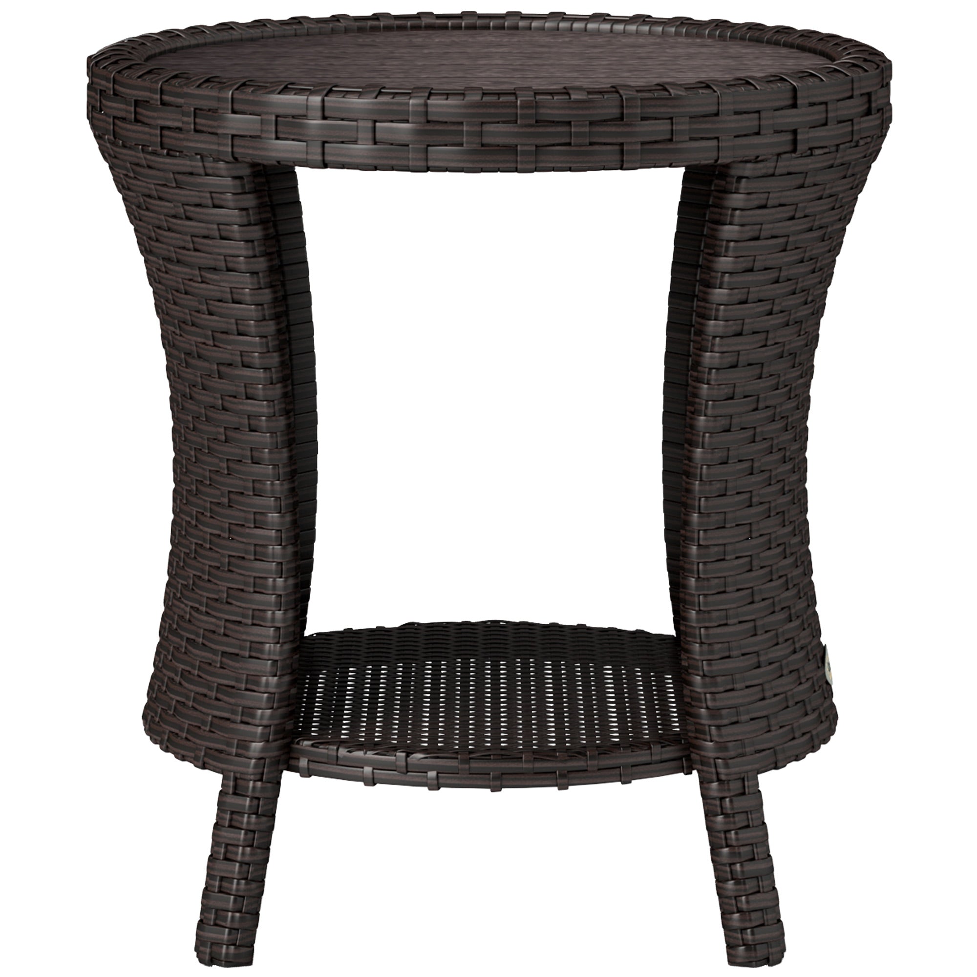 Outsunny 18" Wicker Outdoor Side Table, Patio Coffee Table with 2-Tier Storage, PE Rattan Outdoor Coffee Table with Composite Wood Top for Garden Backyard Balcony, Brown