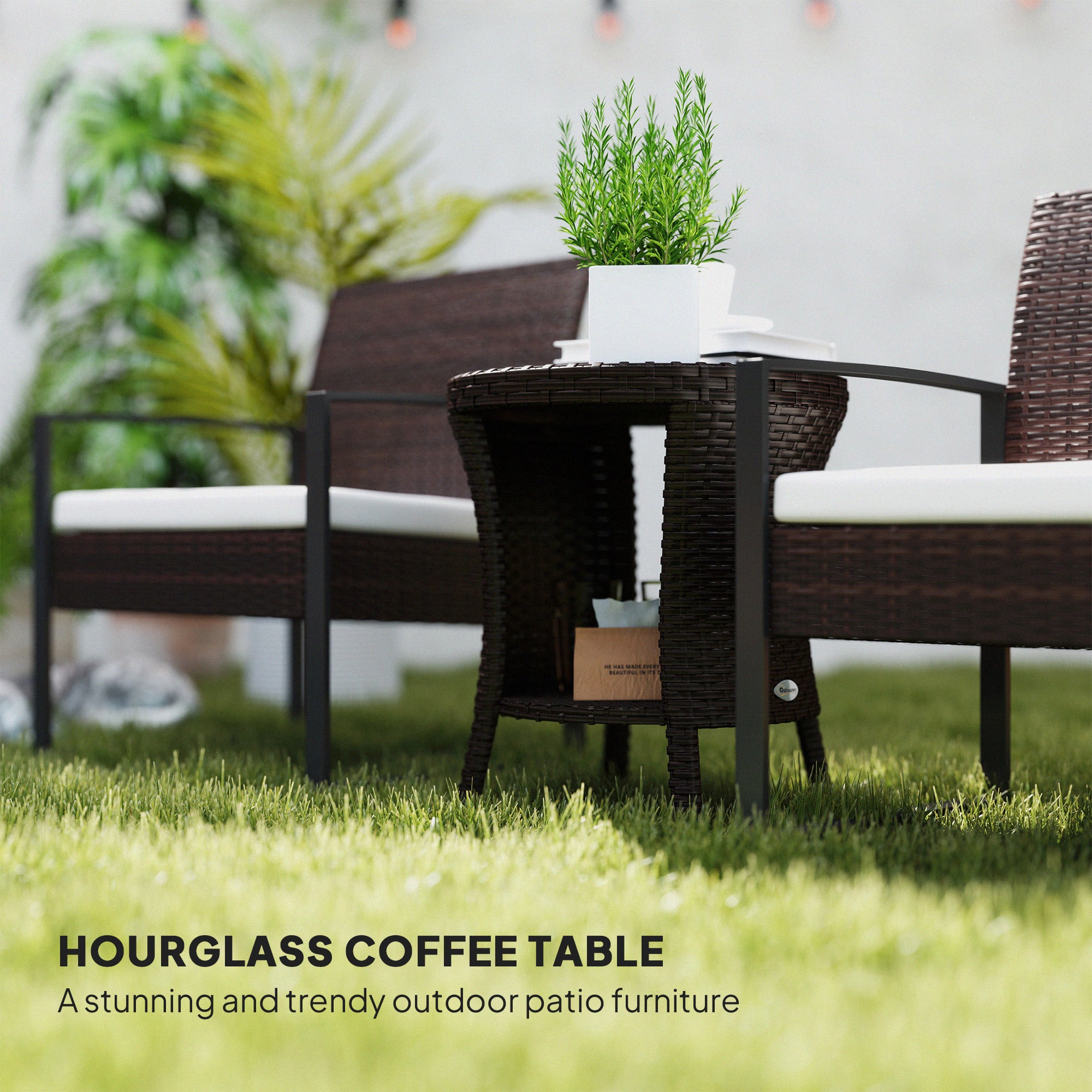 Outsunny 18" Wicker Outdoor Side Table, Patio Coffee Table with 2-Tier Storage, PE Rattan Outdoor Coffee Table with Composite Wood Top for Garden Backyard Balcony, Brown