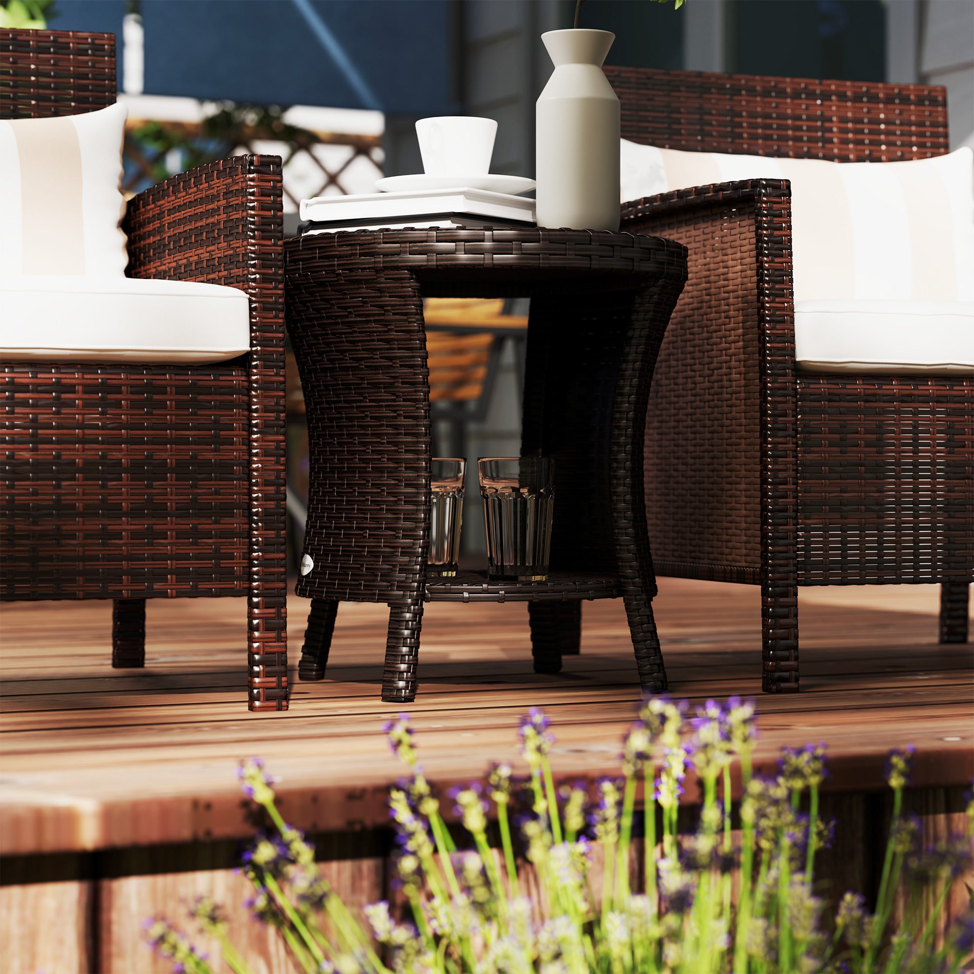 Outsunny 18" Wicker Outdoor Side Table, Patio Coffee Table with 2-Tier Storage, PE Rattan Outdoor Coffee Table with Composite Wood Top for Garden Backyard Balcony, Brown