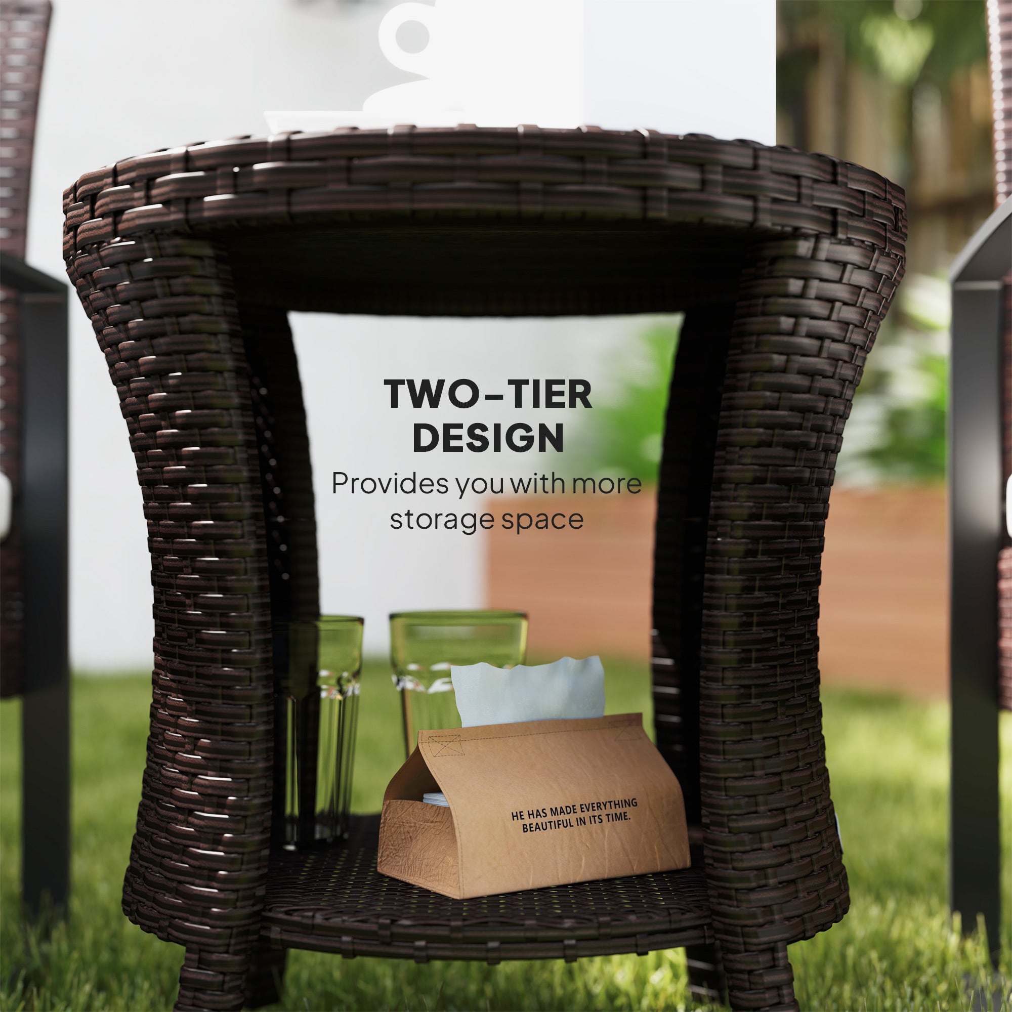 Outsunny 18" Wicker Outdoor Side Table, Patio Coffee Table with 2-Tier Storage, PE Rattan Outdoor Coffee Table with Composite Wood Top for Garden Backyard Balcony, Brown