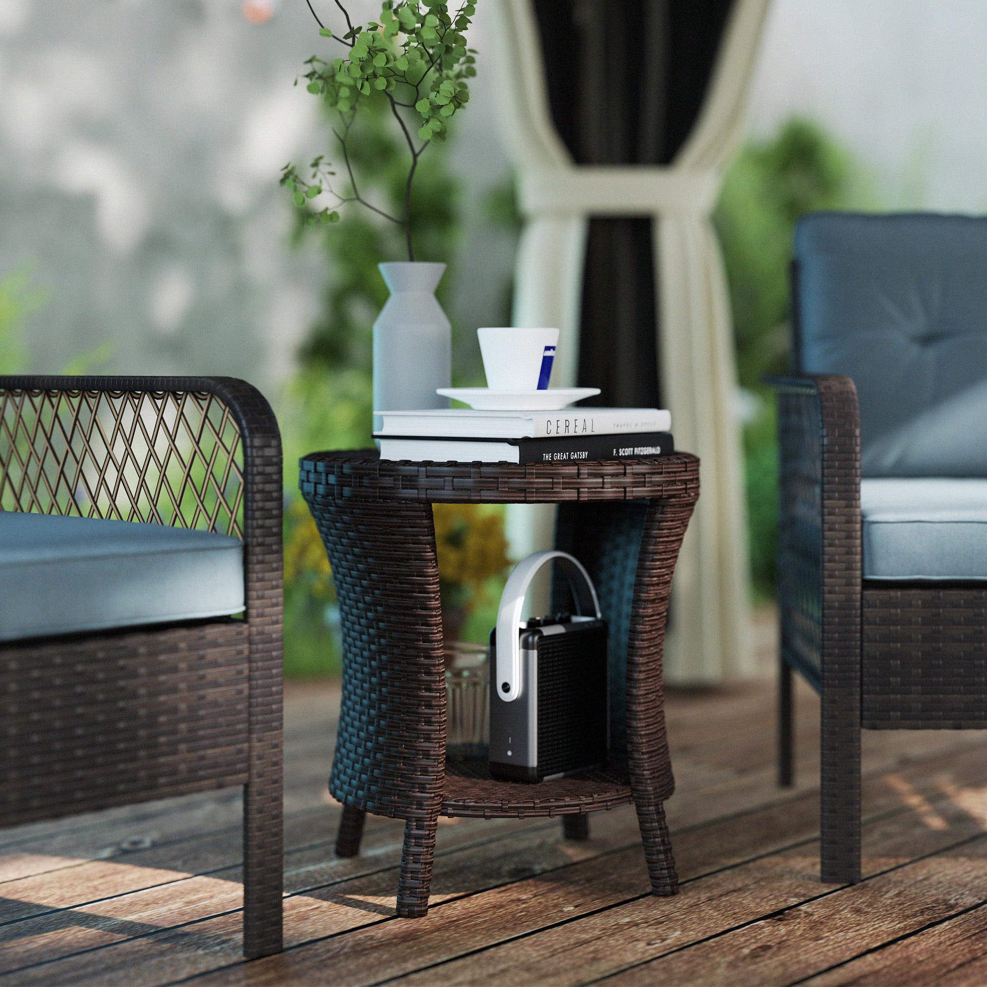 Outsunny 18" Wicker Outdoor Side Table, Patio Coffee Table with 2-Tier Storage, PE Rattan Outdoor Coffee Table with Composite Wood Top for Garden Backyard Balcony, Brown