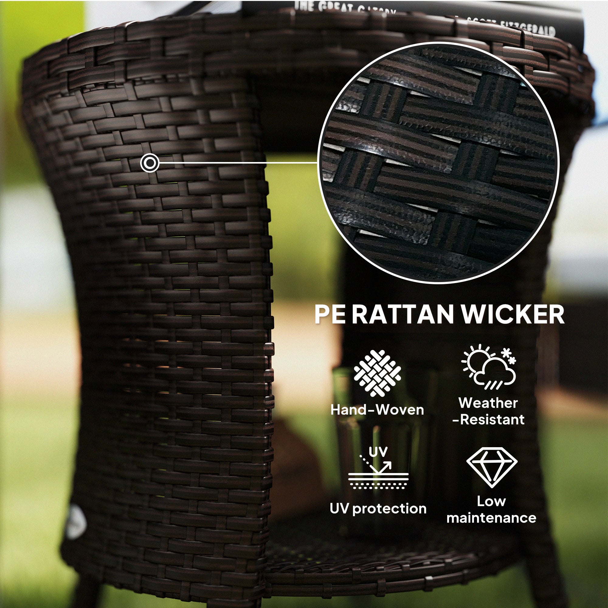 Outsunny 18" Wicker Outdoor Side Table, Patio Coffee Table with 2-Tier Storage, PE Rattan Outdoor Coffee Table with Composite Wood Top for Garden Backyard Balcony, Brown